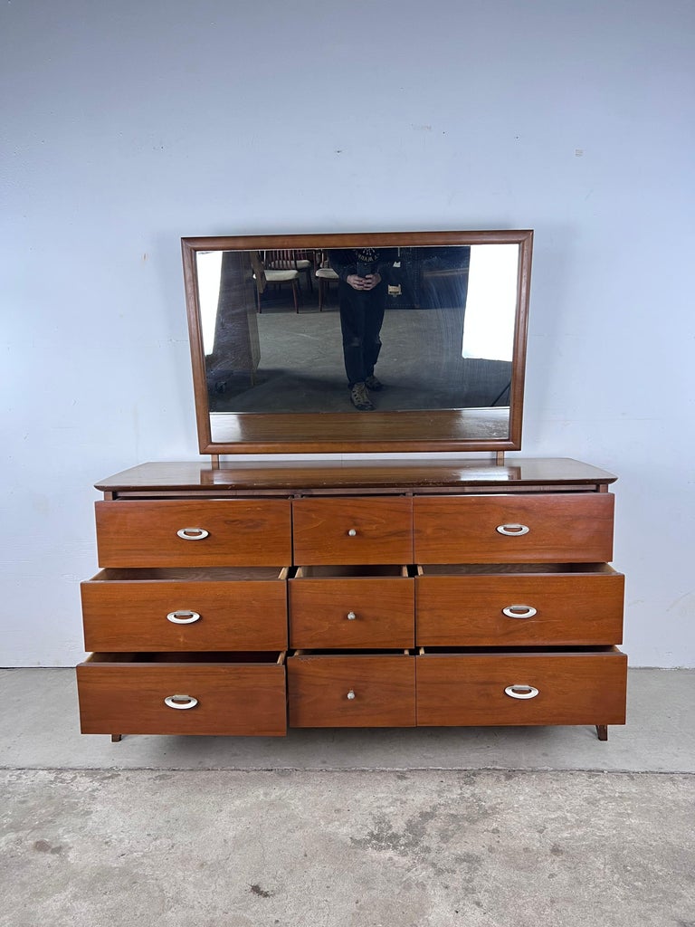 Mid Century Modern 9 Drawer Lowboy Dresser with Mirror For Sale at 1stDibs
