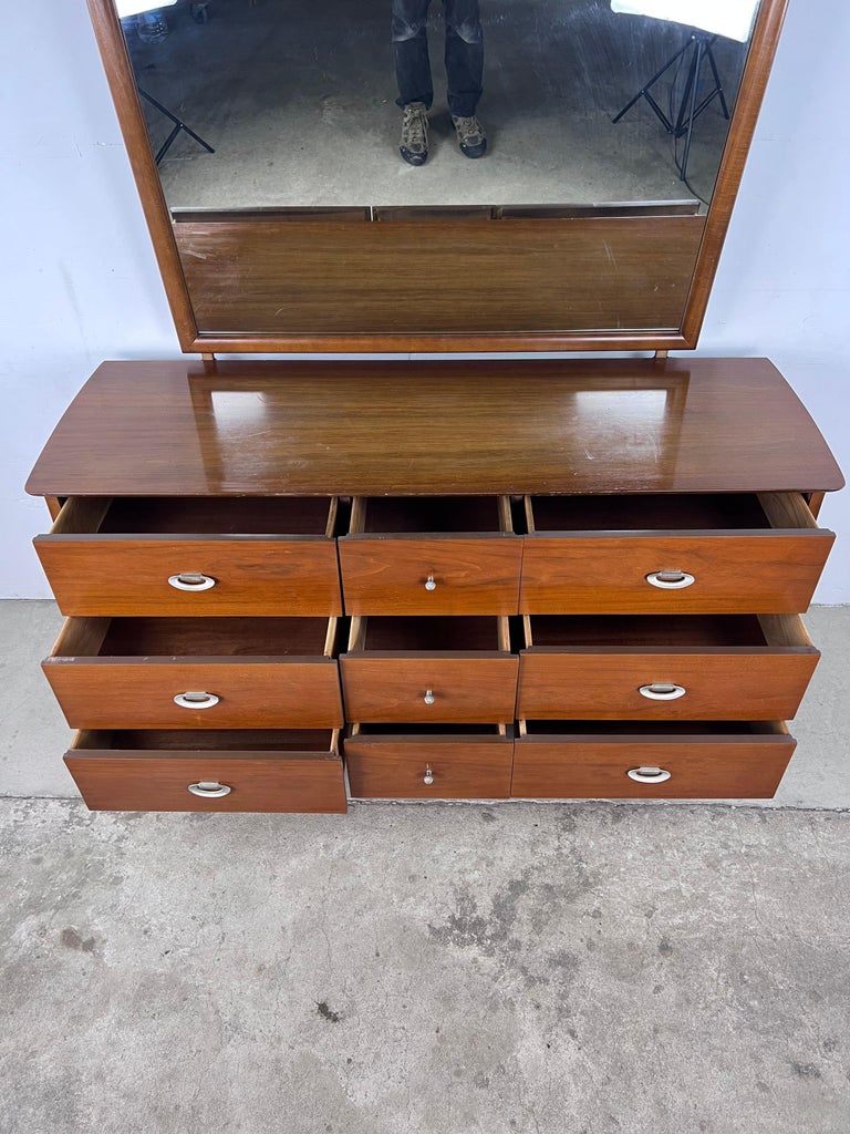 Mid Century Modern 9 Drawer Lowboy Dresser with Mirror For Sale at 1stDibs