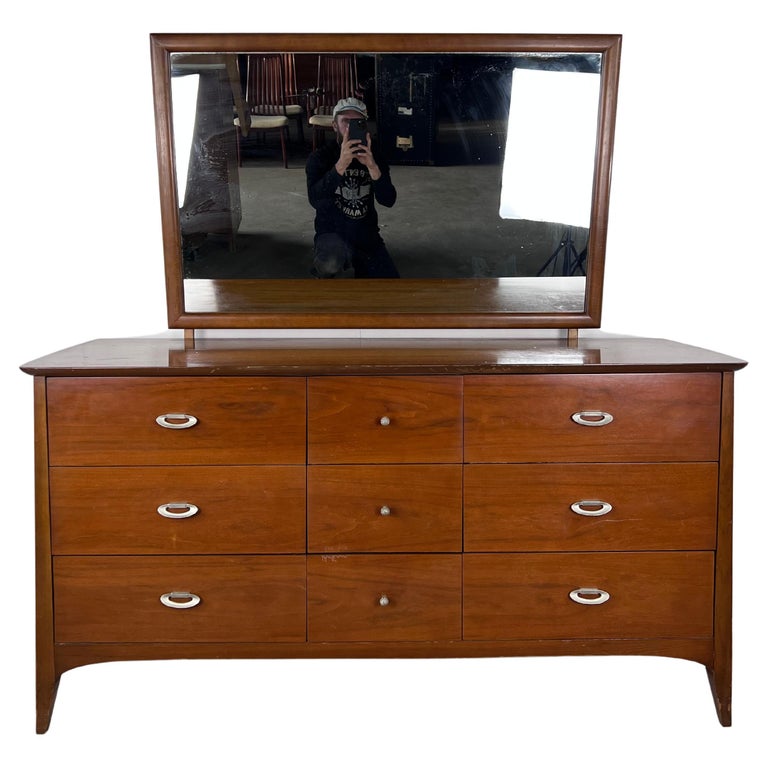 Mid Century Modern 9 Drawer Lowboy Dresser with Mirror For Sale at 1stDibs