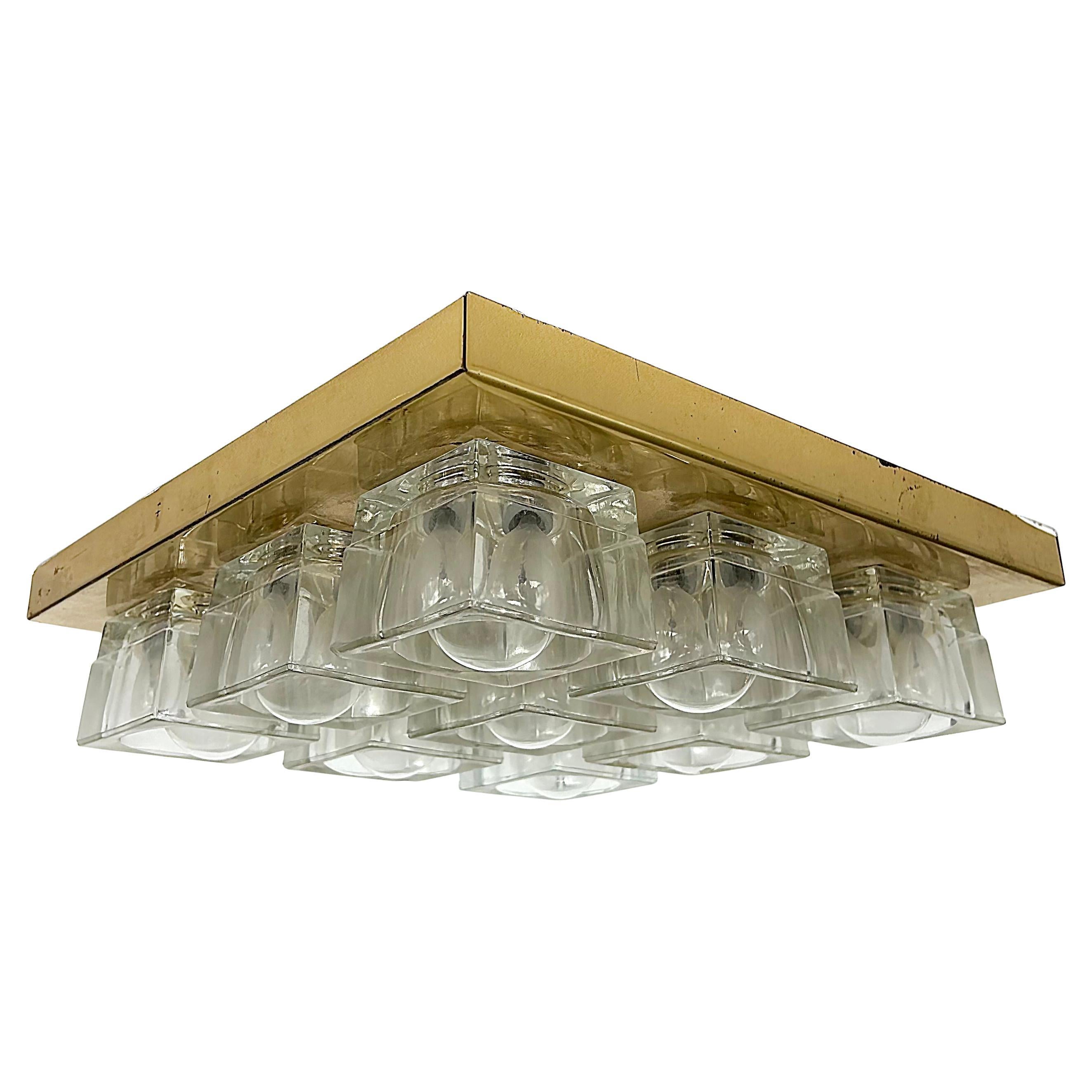 Mid-century Modern 9-Light Flush Mount Fixture, Brass/Glass
