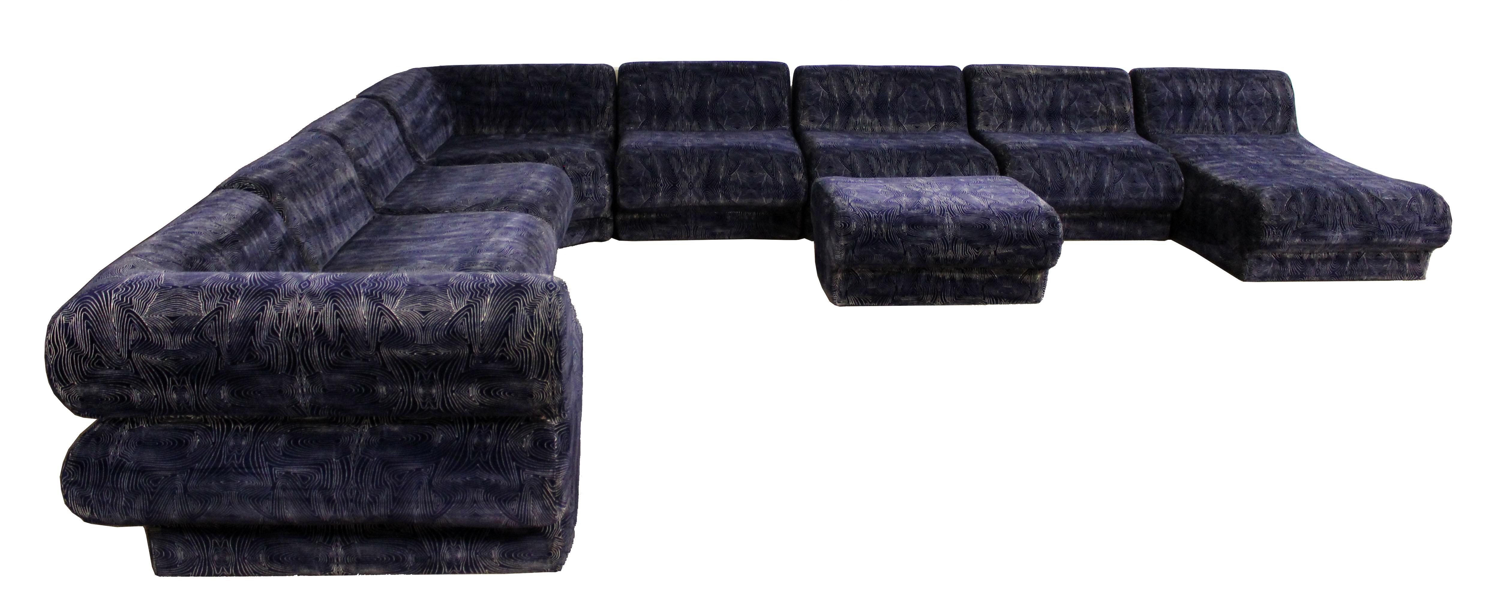 Mid-Century Modern 9-Piece Modular Serpentine Preview Blue Velvet Sectional Sofa 3