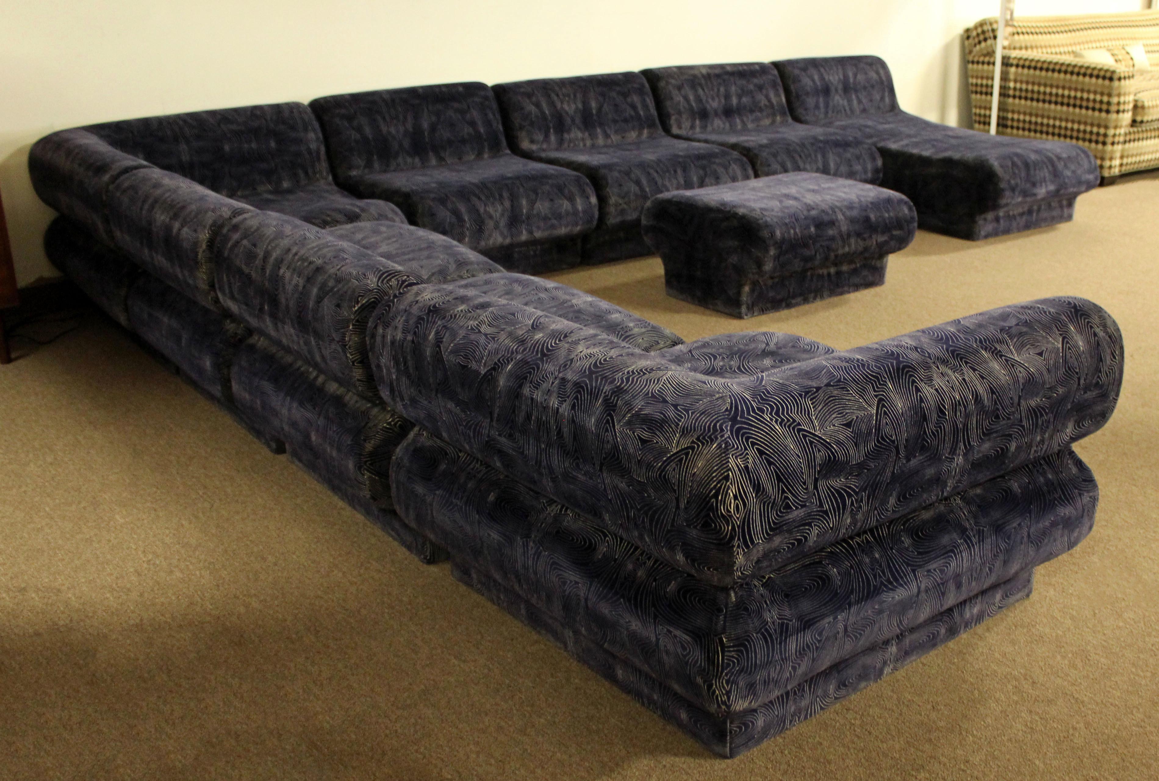 Mid-Century Modern 9-Piece Modular Serpentine Preview Blue Velvet Sectional Sofa 1