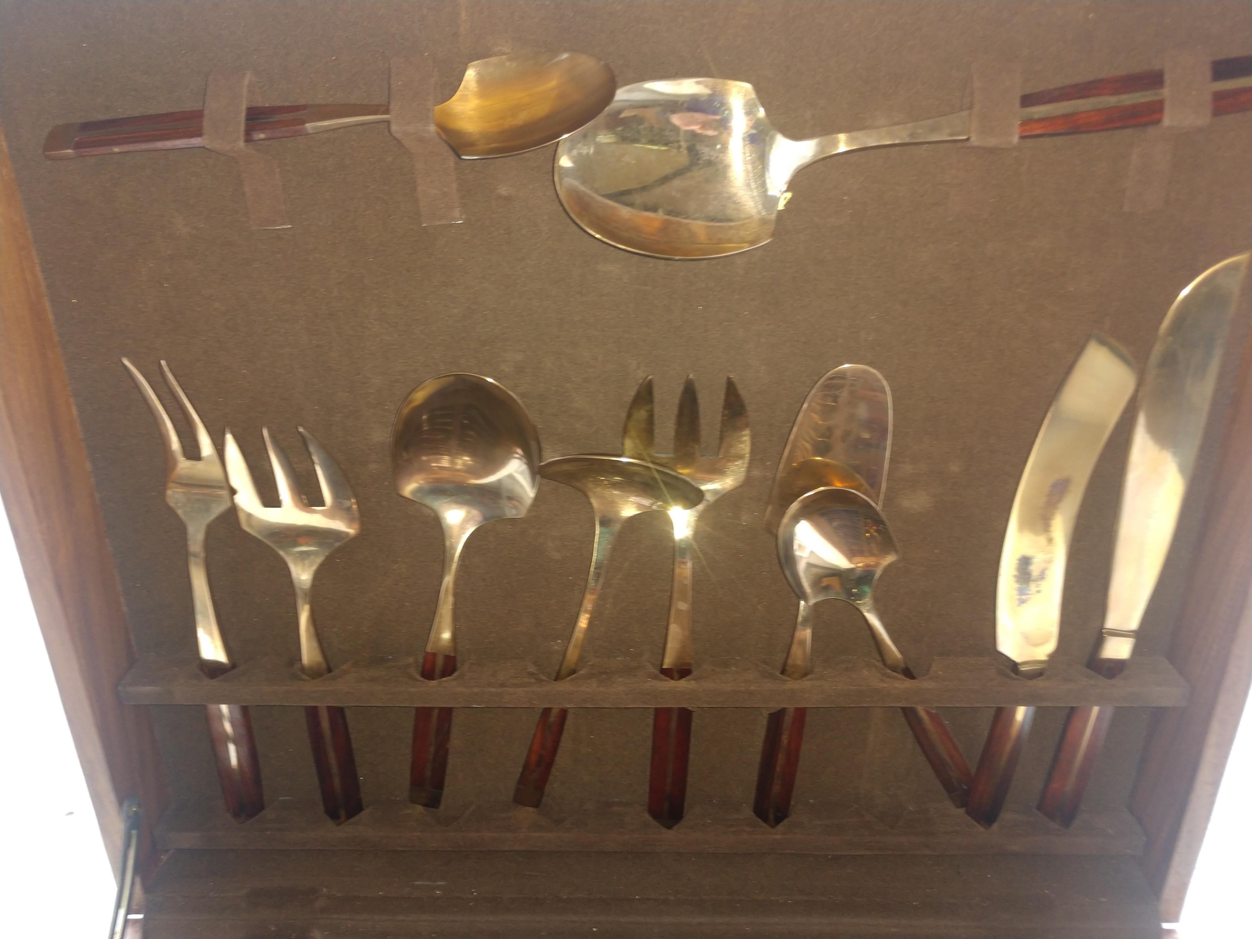 Hand-Crafted Mid-Century Modern 91 Piece Rosewood & Bronze Flatware Set by Jean Claude w Case For Sale