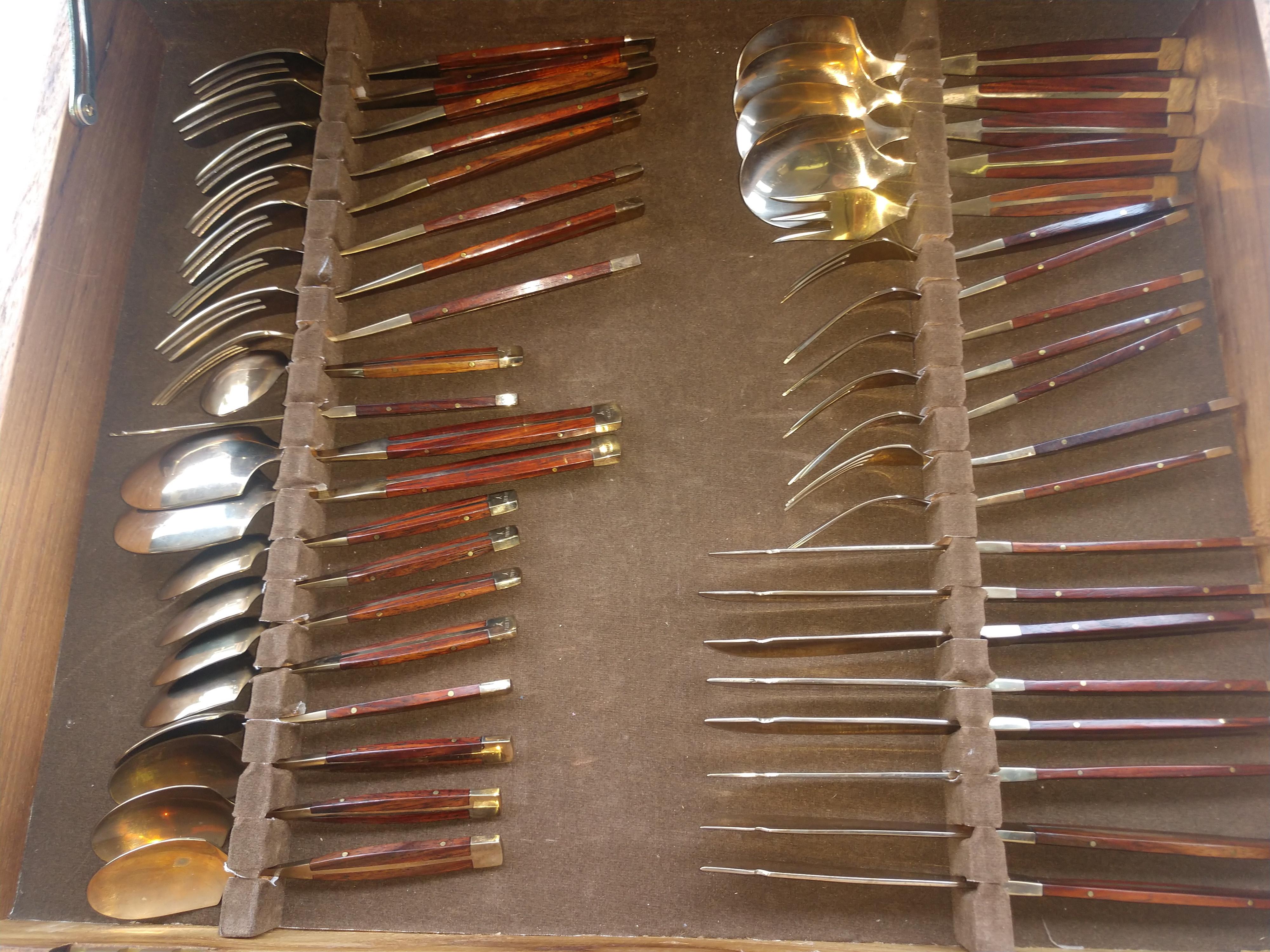 Mid-Century Modern 91 Piece Rosewood & Bronze Flatware Set by Jean Claude w Case In Good Condition For Sale In Port Jervis, NY