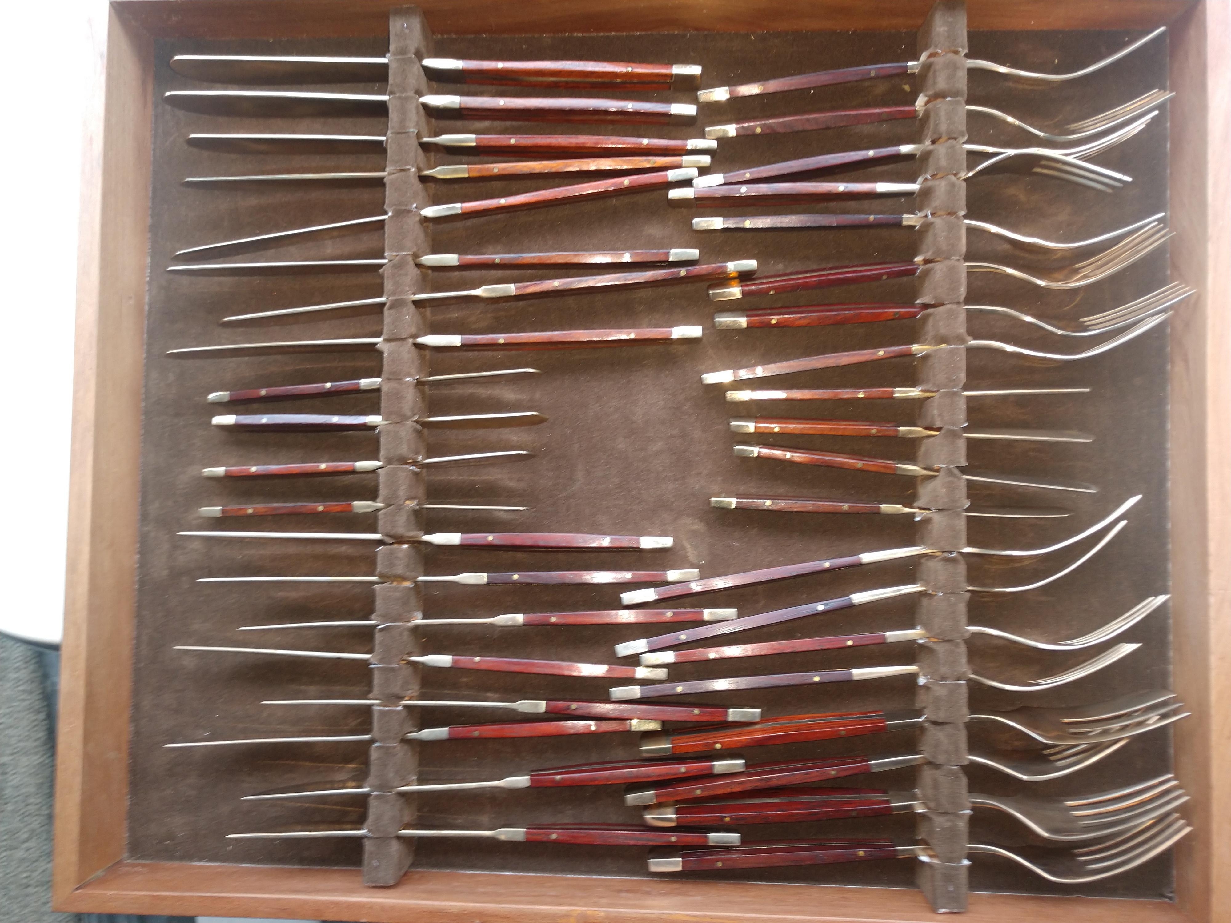 Mid-20th Century Mid-Century Modern 91 Piece Rosewood & Bronze Flatware Set by Jean Claude w Case For Sale