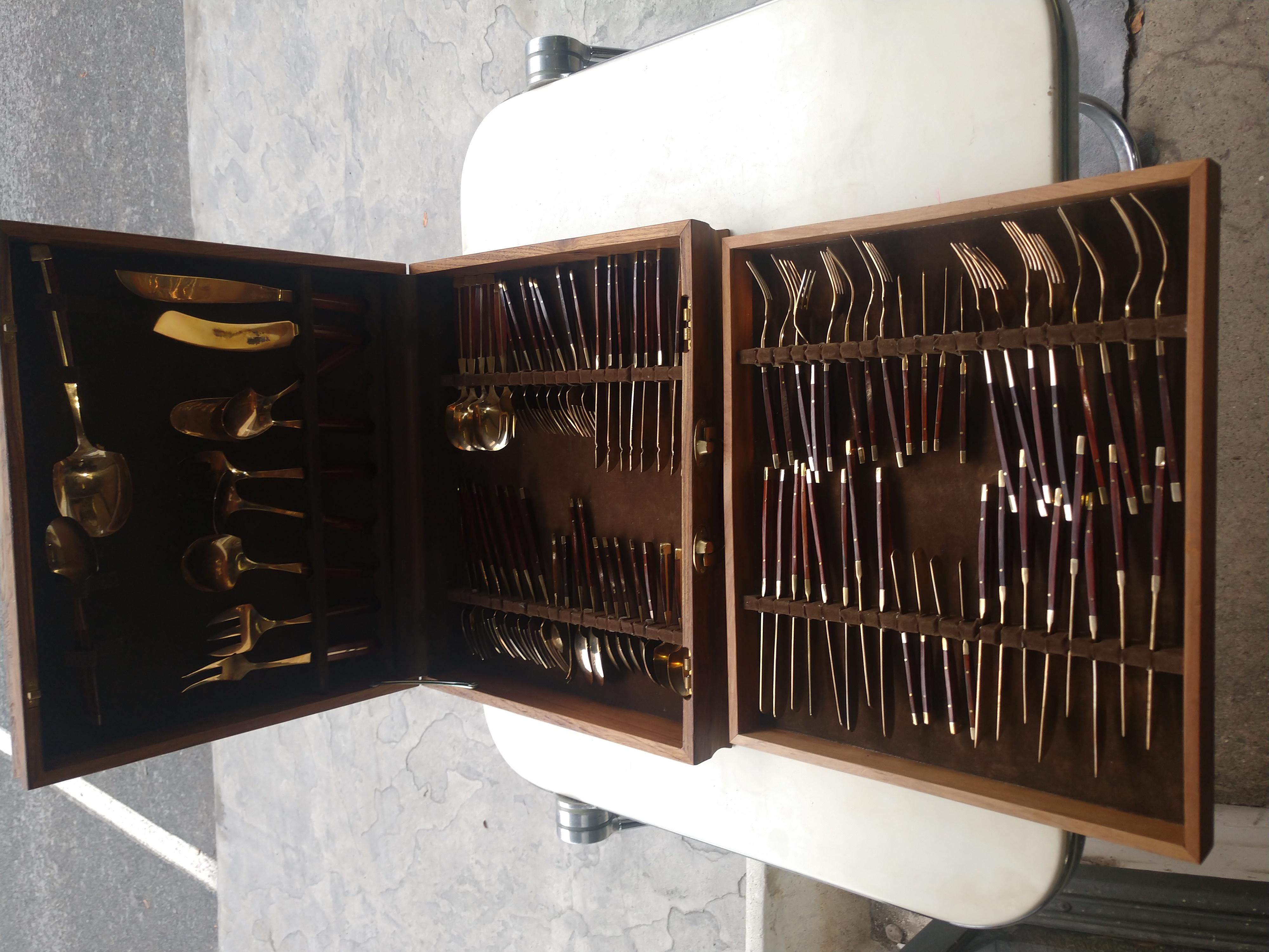 Brass Mid-Century Modern 91 Piece Rosewood & Bronze Flatware Set by Jean Claude w Case For Sale