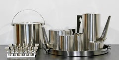 Mid-Century Modern 9Pc Arne Jacobsen Stelton Cylinda Steel Tea Coffee Set, 1970s