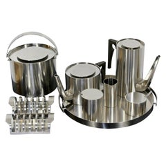 Mid-Century Modern 9Pc Arne Jacobsen Stelton Cylinda Steel Tea Coffee Set, 1970s