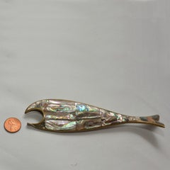 Mid-Century Modern Abalone and Brass Fish Bottle Opener Los Castillo Style