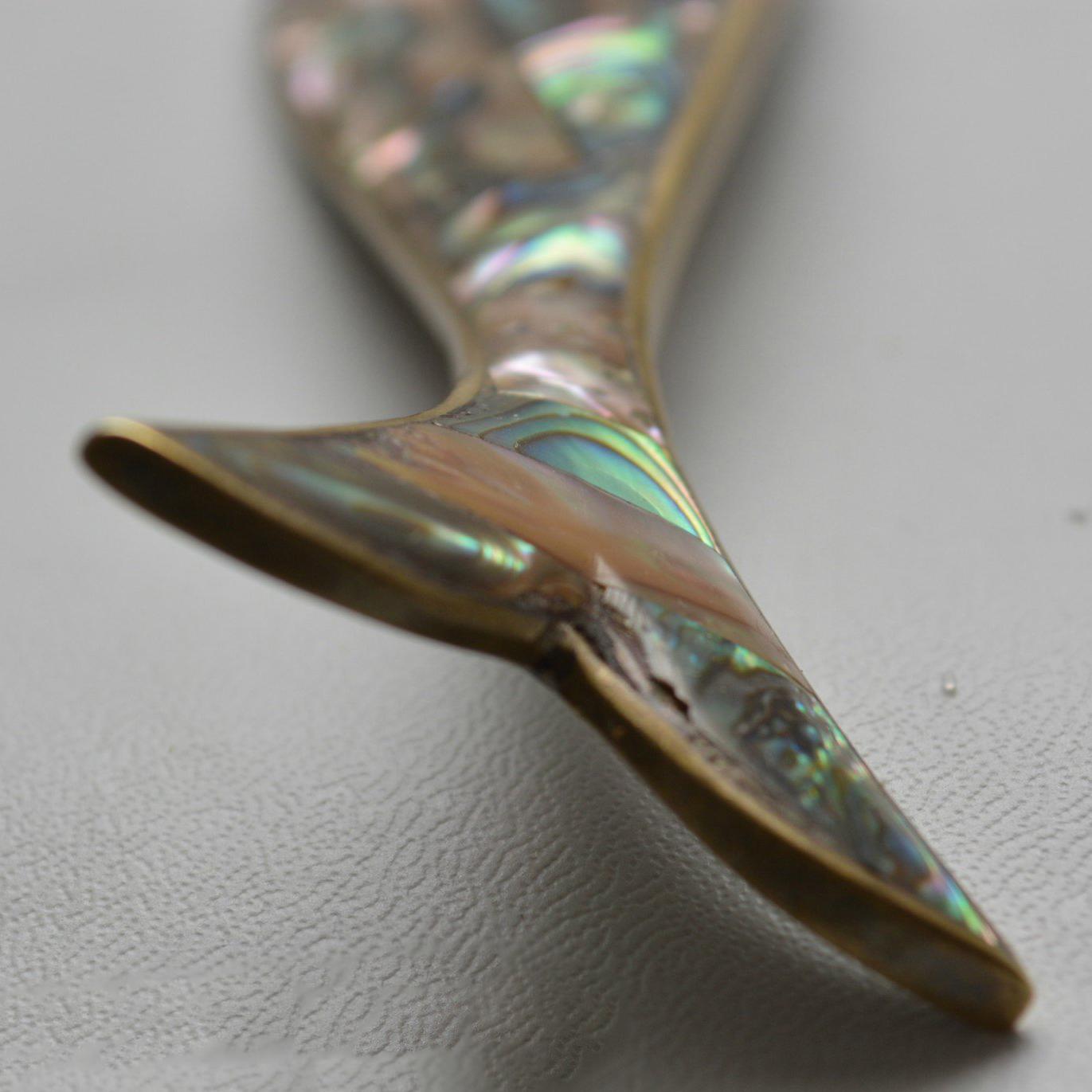 Mexican Mid-Century Modern Abalone and Brass Fish Bottle Opener Los Castillo Style
