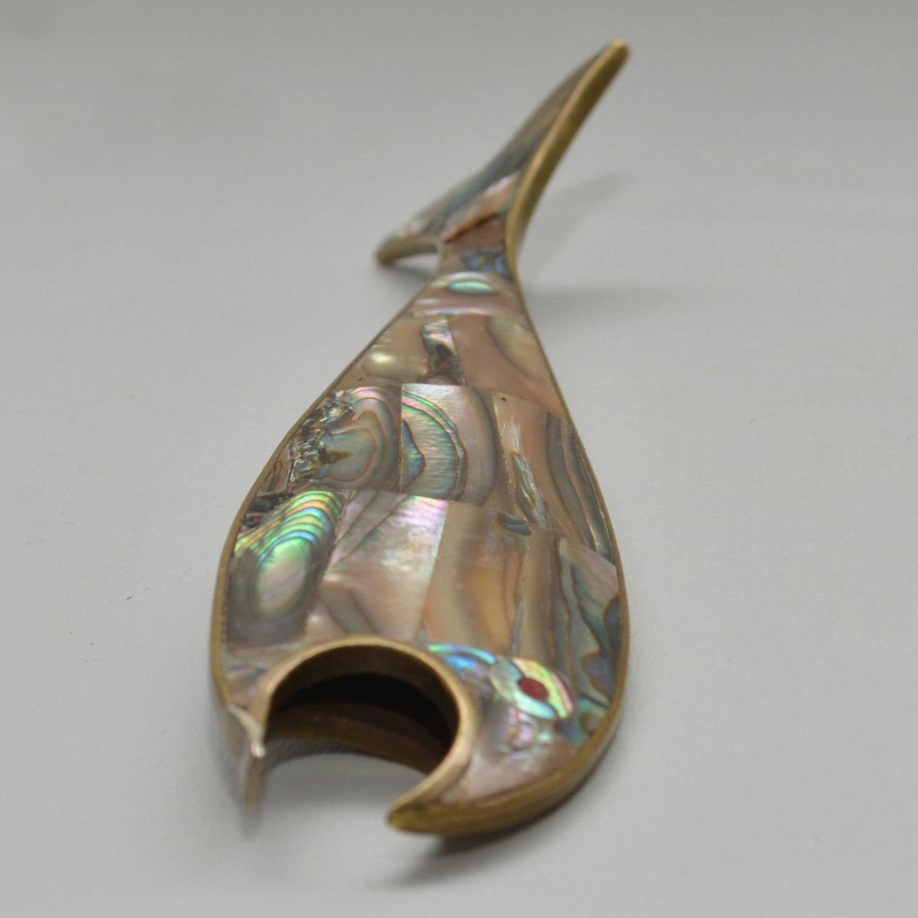 Mid-Century Modern Abalone and Brass Fish Bottle Opener Los Castillo Style 2