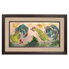 Mid-Century Modern Abstract Art Enamel on Copper Wall Art Rooster Fight
