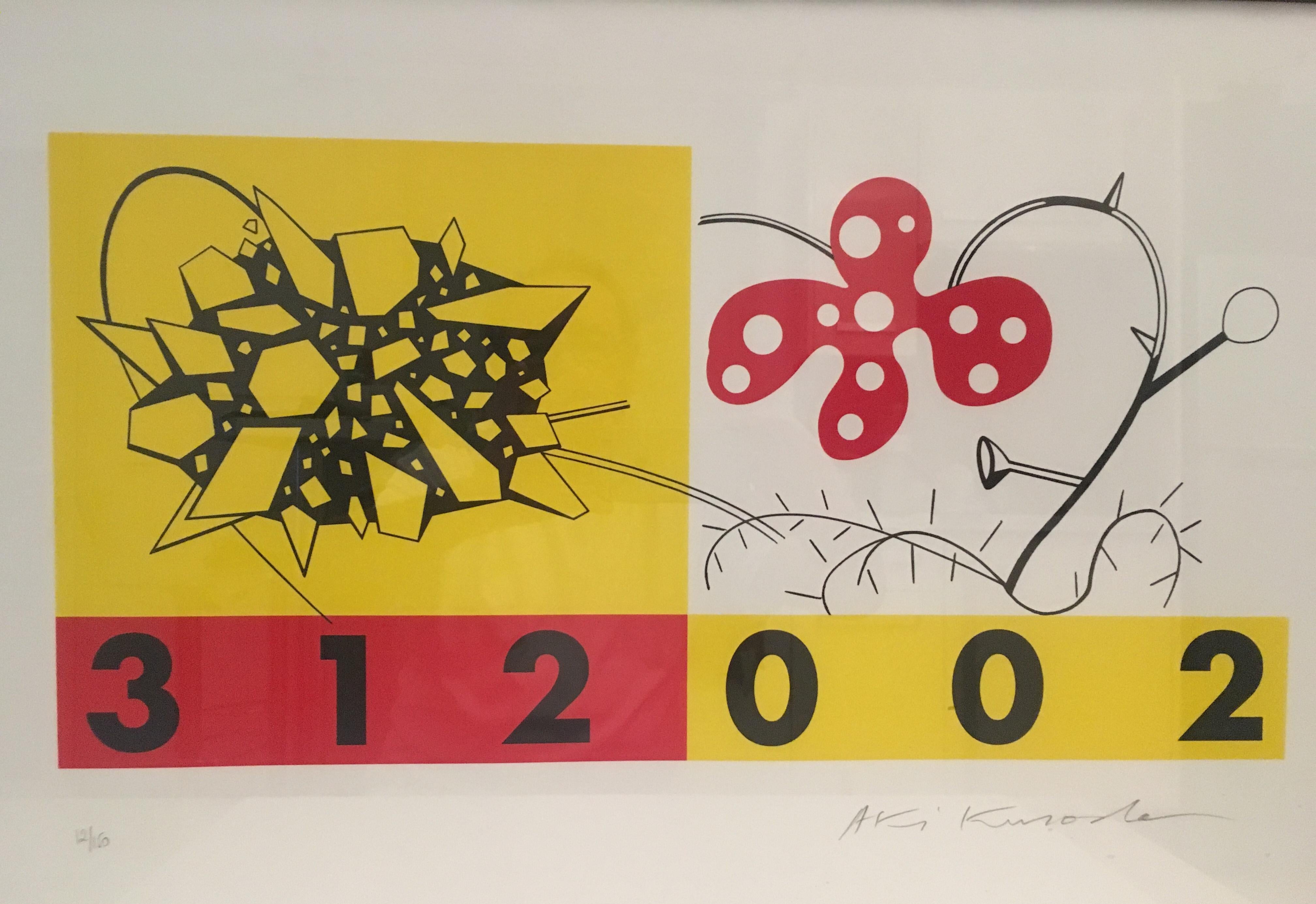 Litografía original de arte moderno del artista japonés Aki Kimoto. Esta colorida pieza lleva una firma original y es el número 12/150 de la edición limitada. Combinando imágenes cúbicas, de naturaleza abstracta y números, es una curiosa obra de