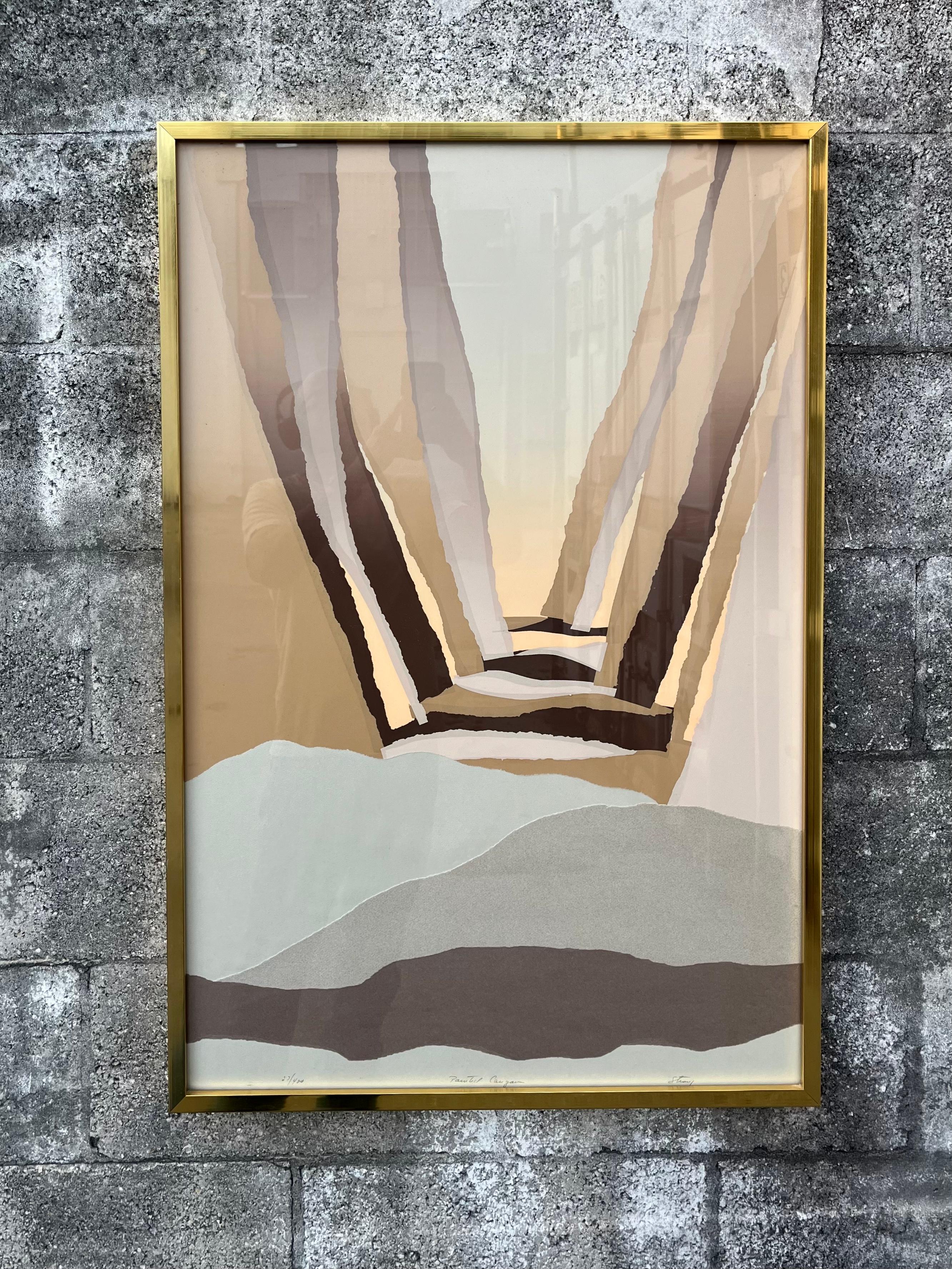 Large Vintage Mid Century Modern Abstract Lithograph / Mixed Media Wall Art by American Artist Harris Strong. Circa 1970s. It features an earthy tone, mixed media-inspired abstract landscape. 
Numbered and signed in pencil by the artist 
Framed with