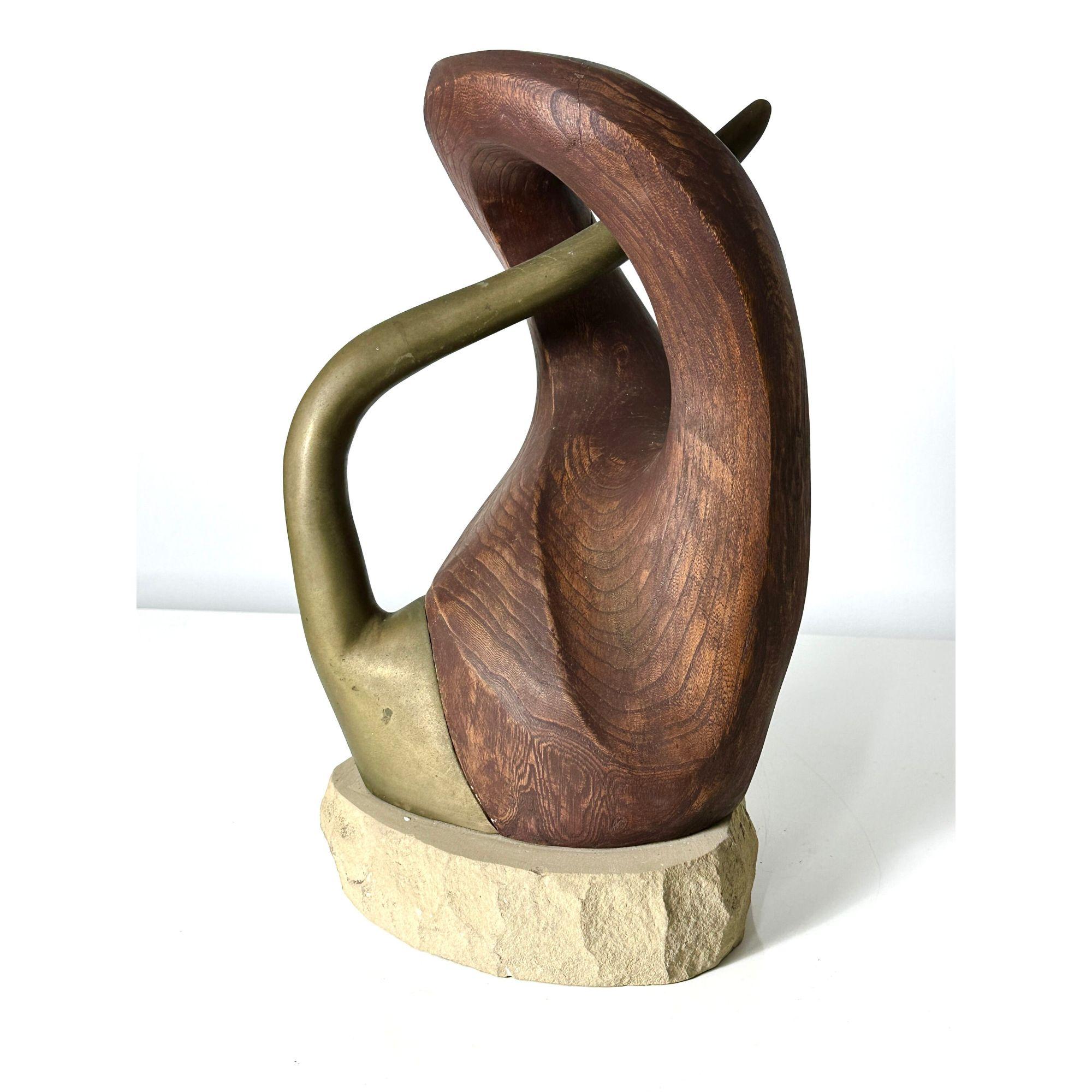 Mid-Century Modern Mid Century Modern Abstract Biomorphic Wood & Bronze Sculpture circa 1960s For Sale