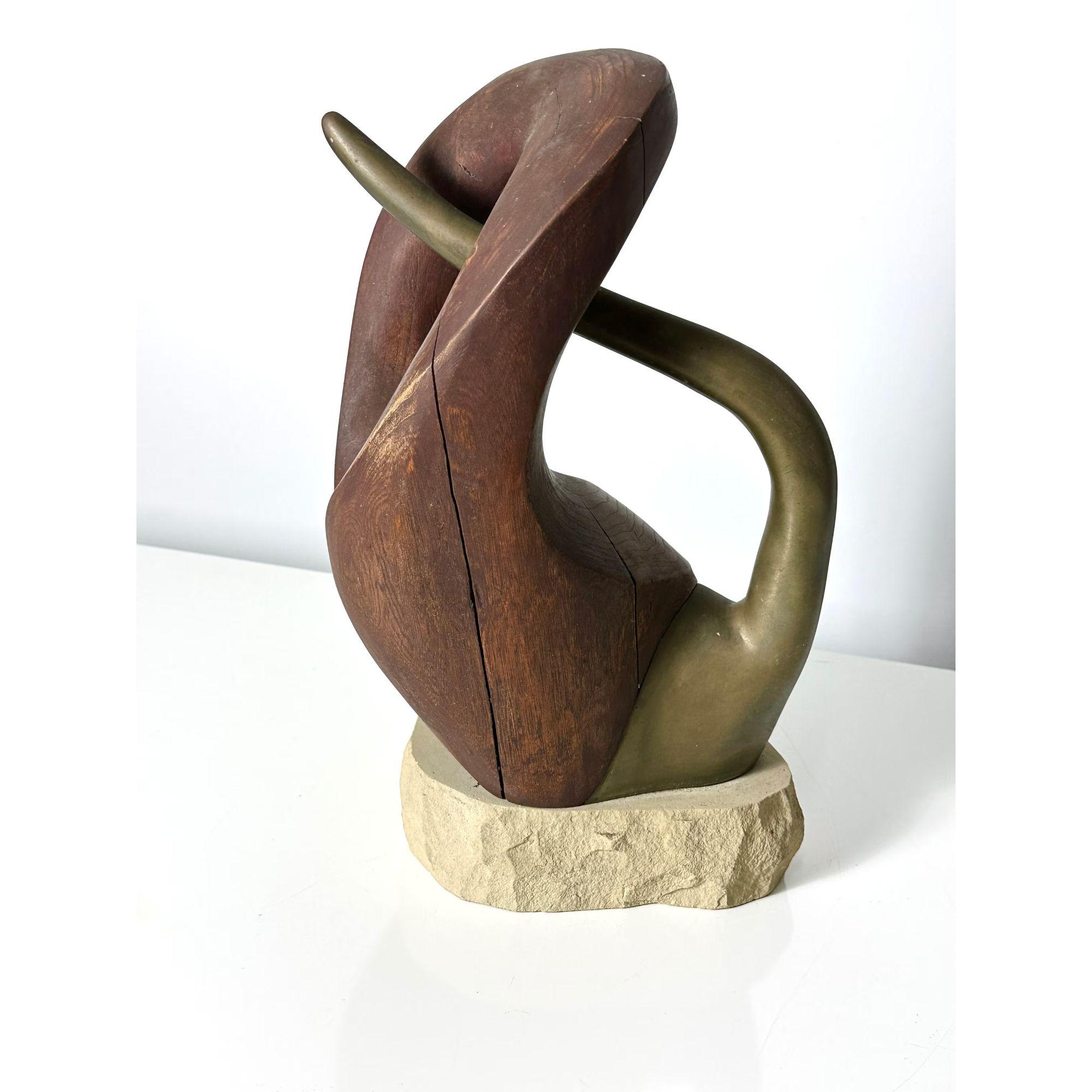 American Mid Century Modern Abstract Biomorphic Wood & Bronze Sculpture circa 1960s For Sale