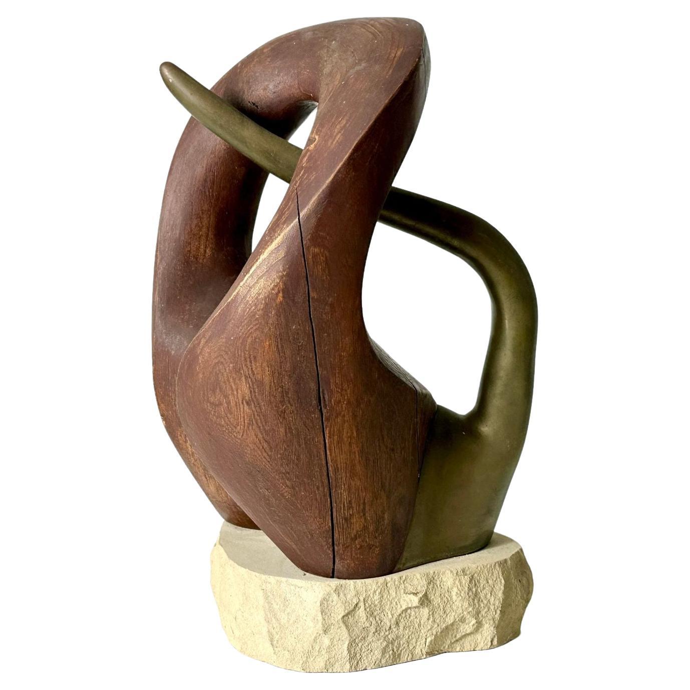 Mid Century Modern Abstract Biomorphic Wood & Bronze Sculpture circa 1960s