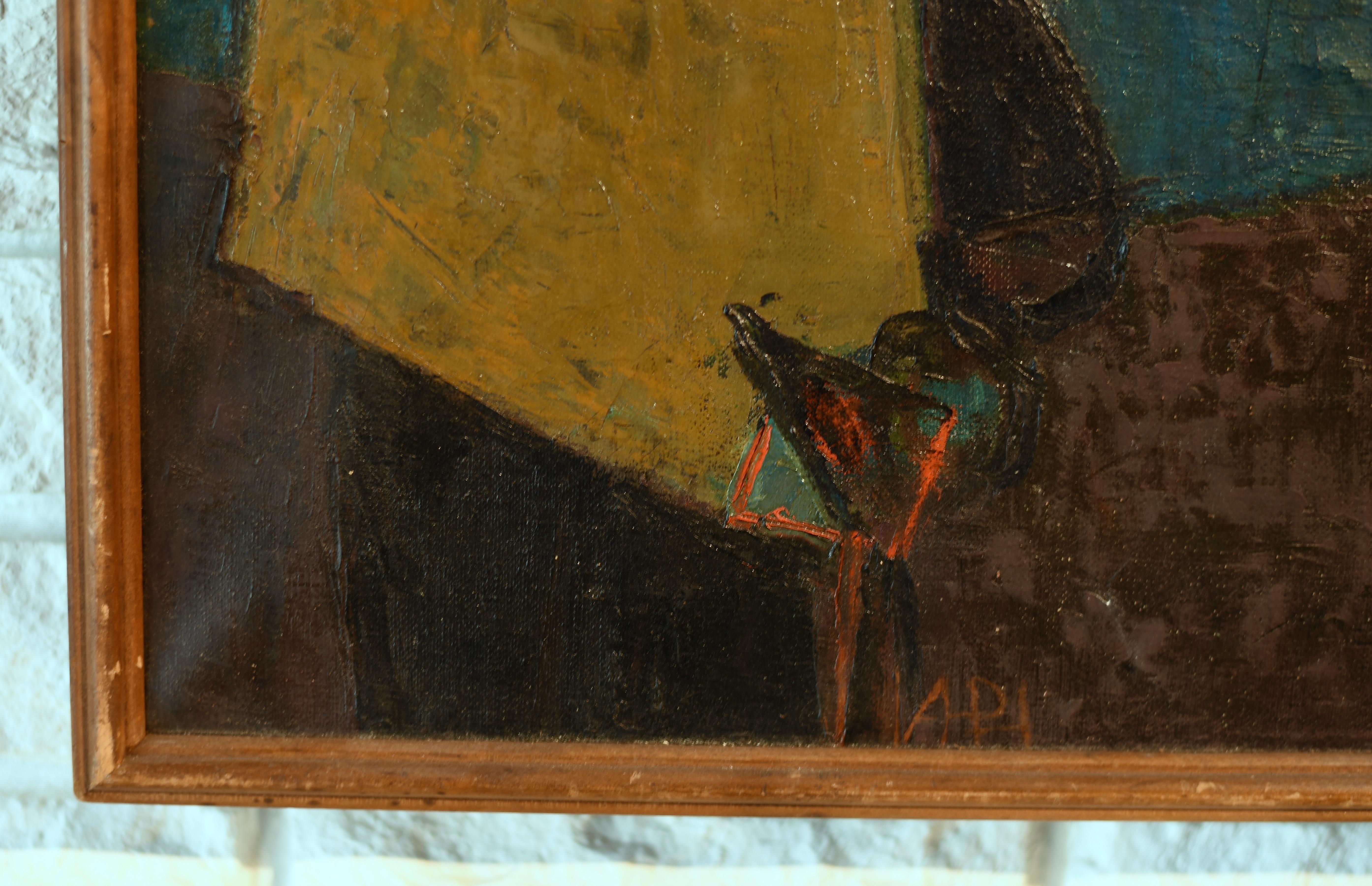 Mid-Century moderno Pittura a olio su tela con uccelli astratti della metà del secolo scorso in vendita