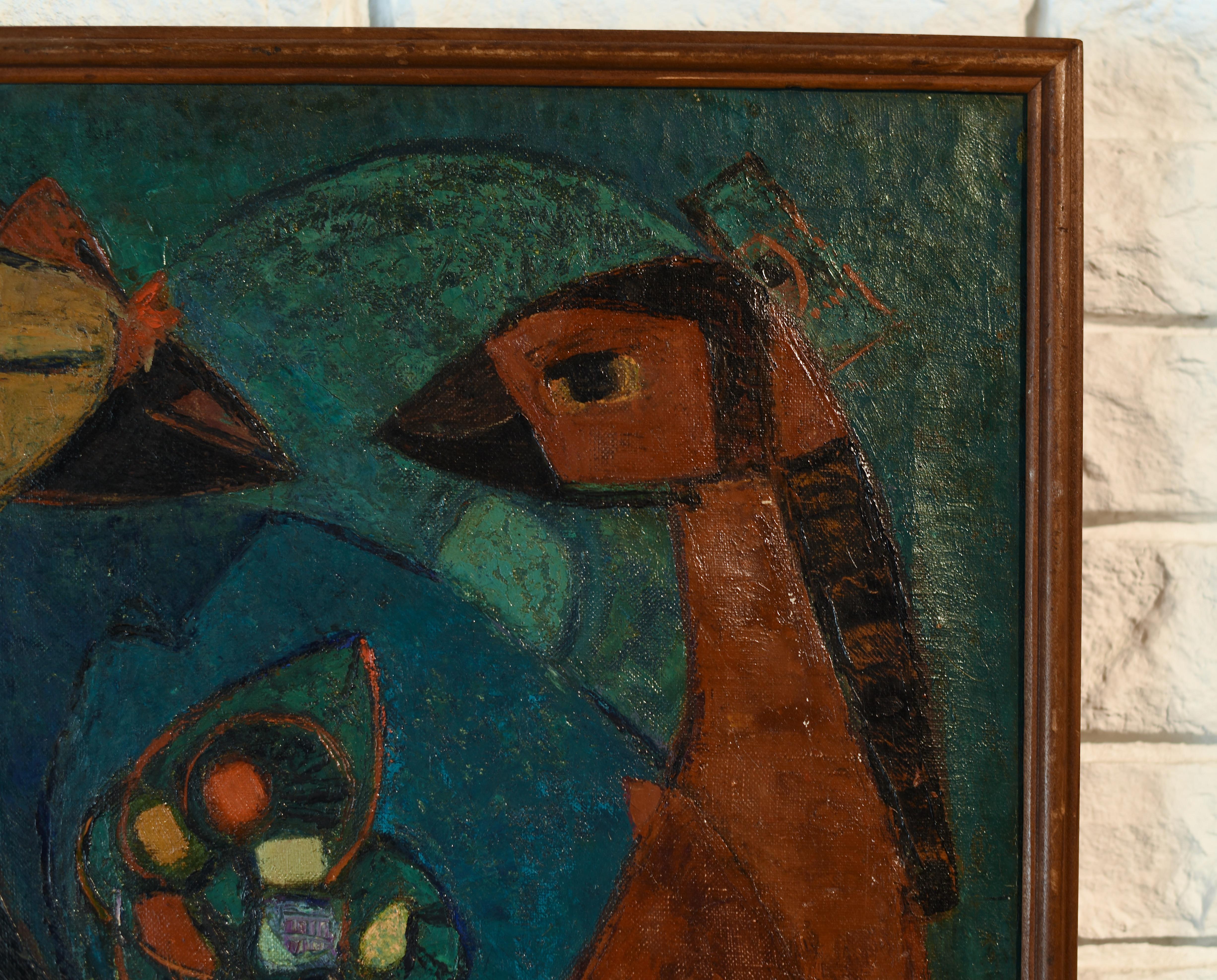Mid Century Modern Abstract Bird Oil Painting on Canvas In Fair Condition For Sale In Sarasota, FL