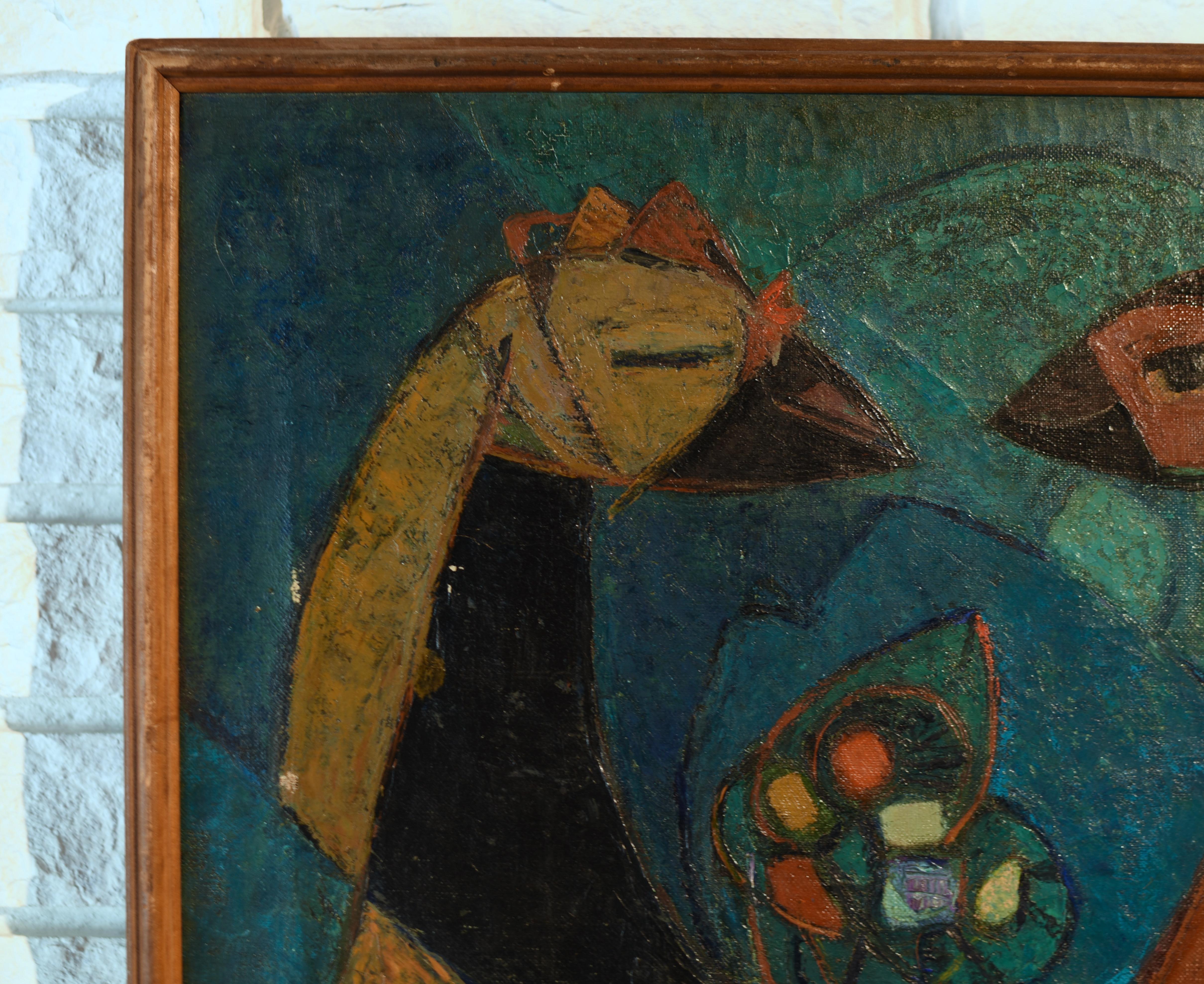 XX secolo Pittura a olio su tela con uccelli astratti della metà del secolo scorso in vendita
