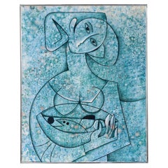 Mid-Century Modern Abstract Blue Women Painting by Larry Maschino