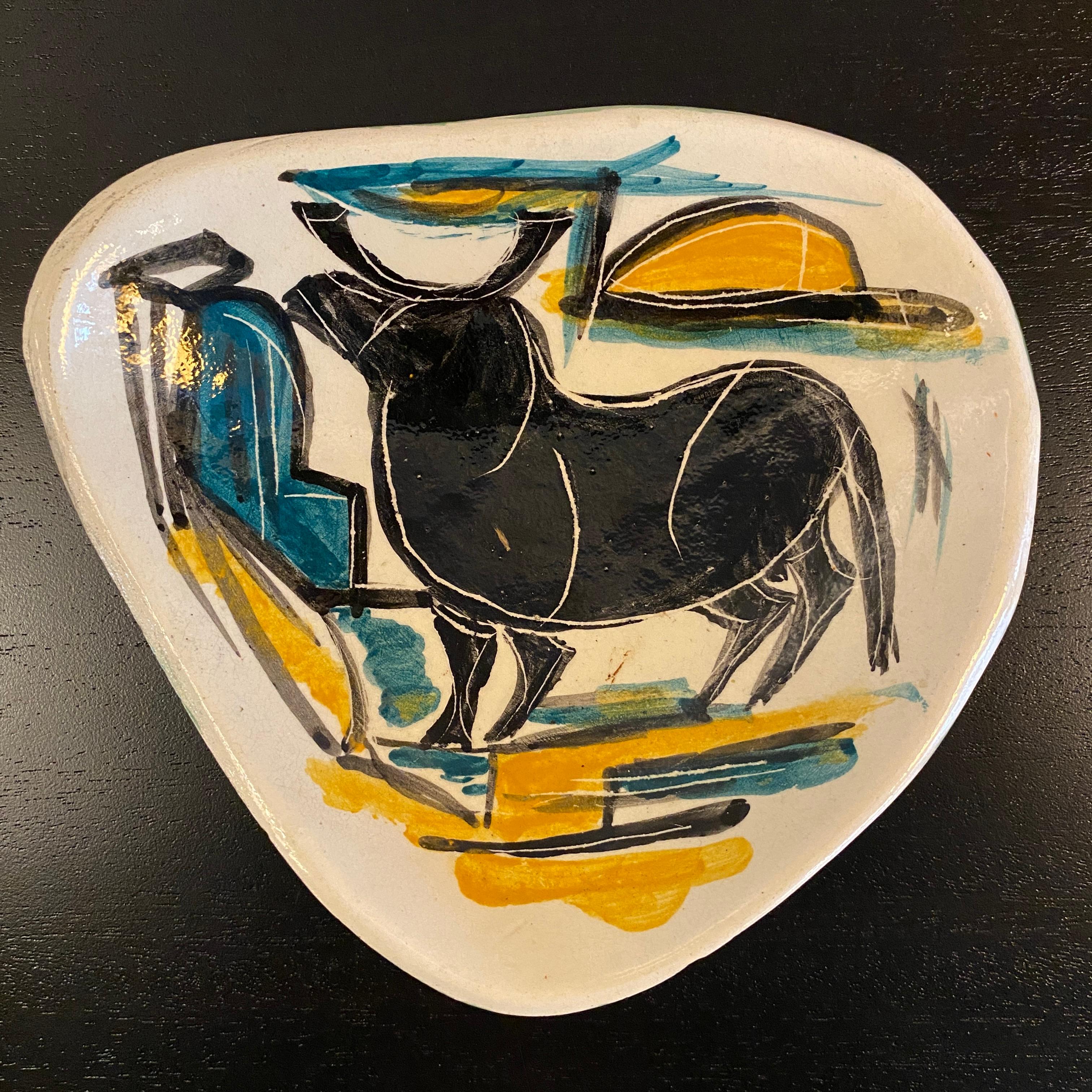 Mid-Century Modern Abstract Bull Art Pottery Ceramic Tray 3