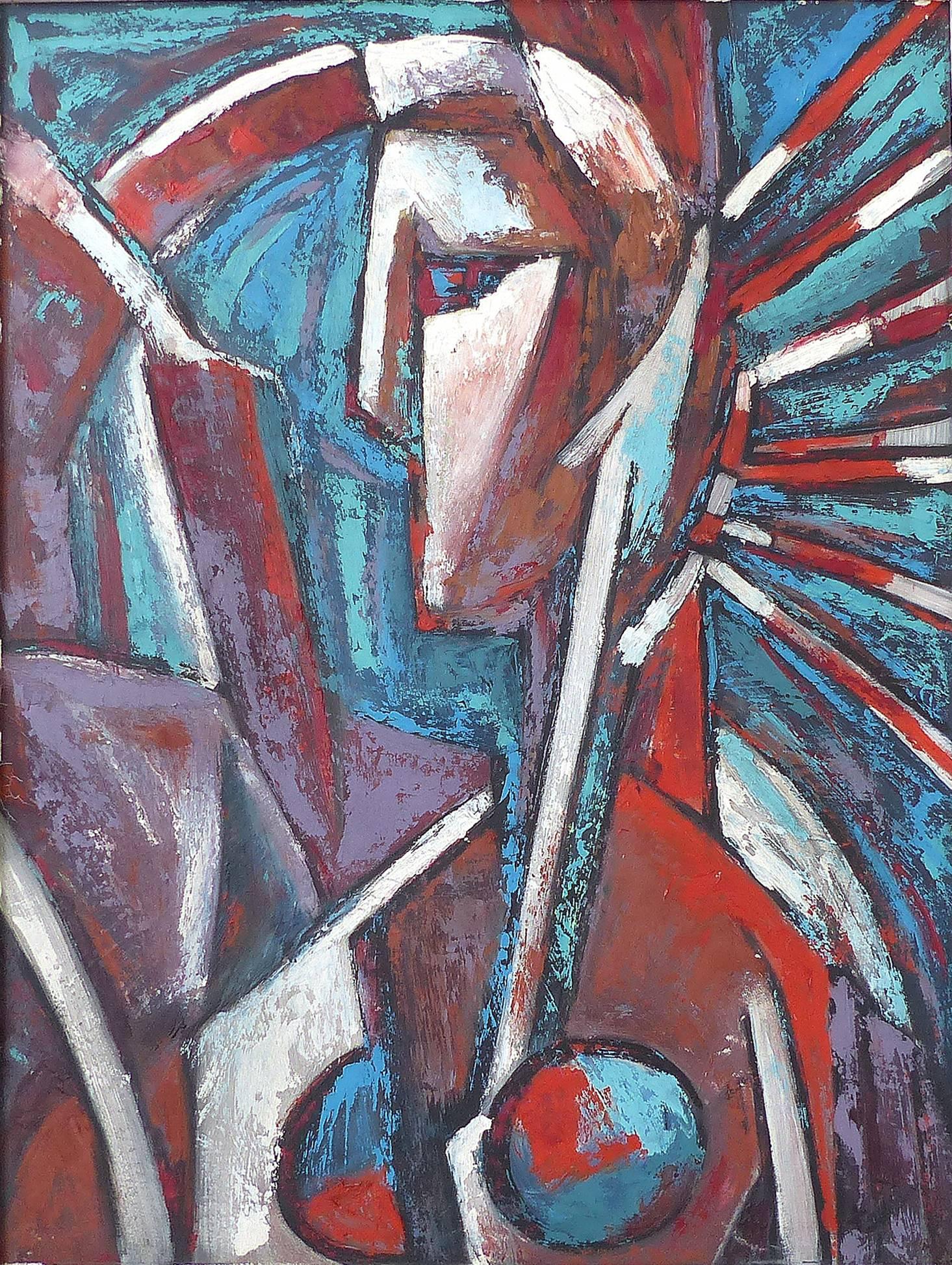Mid-Century Modern Abstract Cubist Portrait

Offered for sale is a bold Mid-Century Modern abstract cubist portrait created in red and blue hues with an intentionally distressed style. The portrait is painted in oil on board and is displayed in the