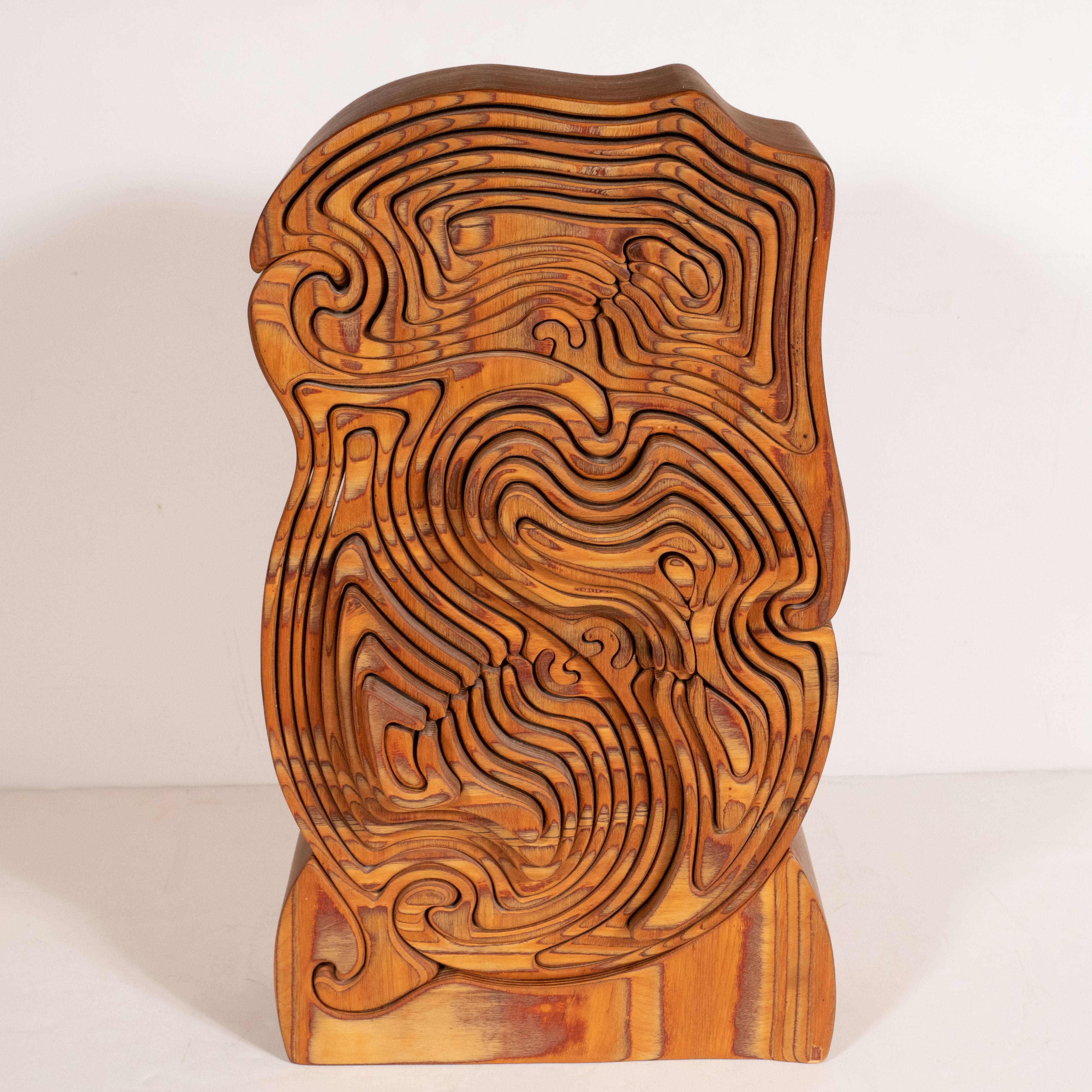 American Mid-Century Modern Abstract Dynamic Olive Wood Puzzle Sculpture