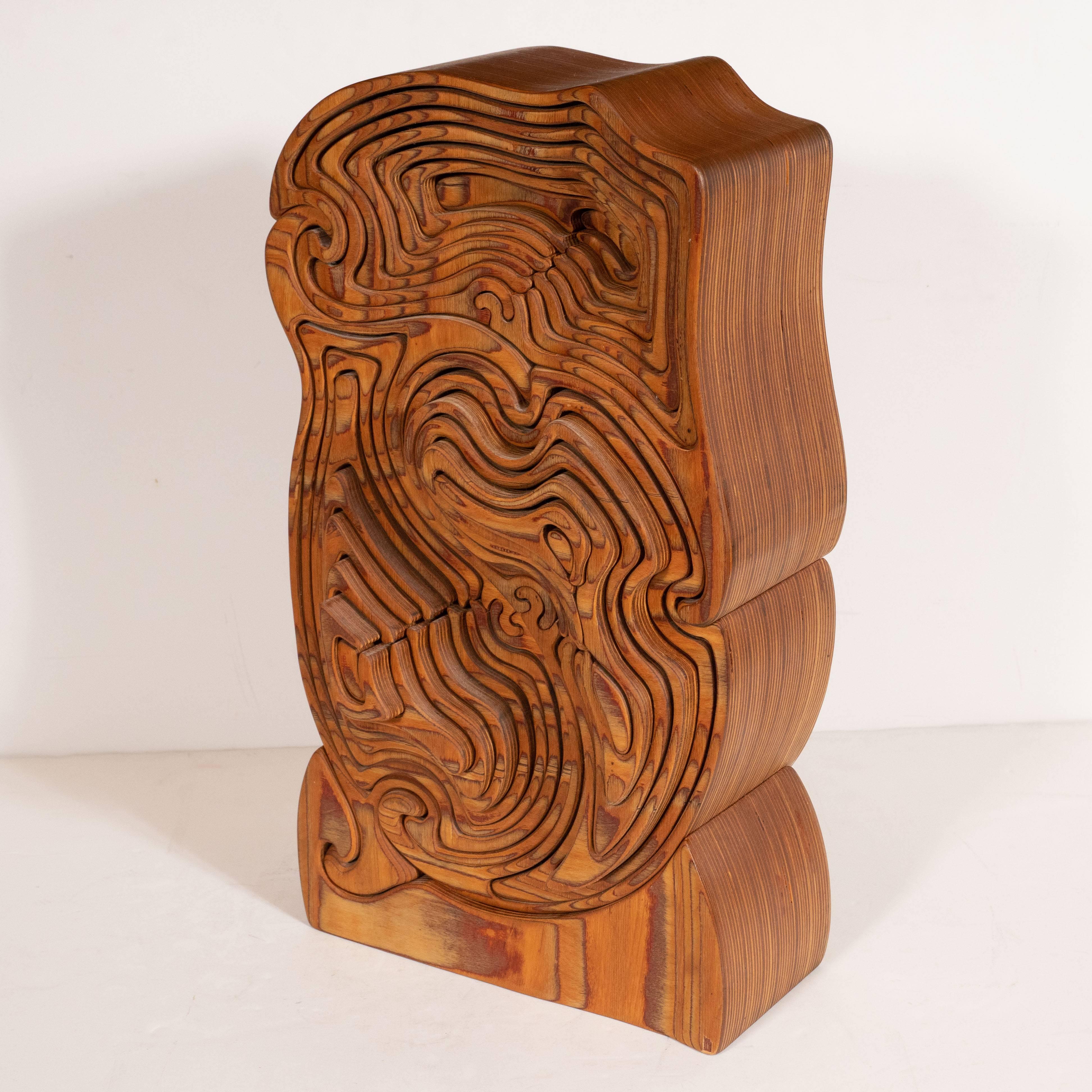Carved Mid-Century Modern Abstract Dynamic Olive Wood Puzzle Sculpture