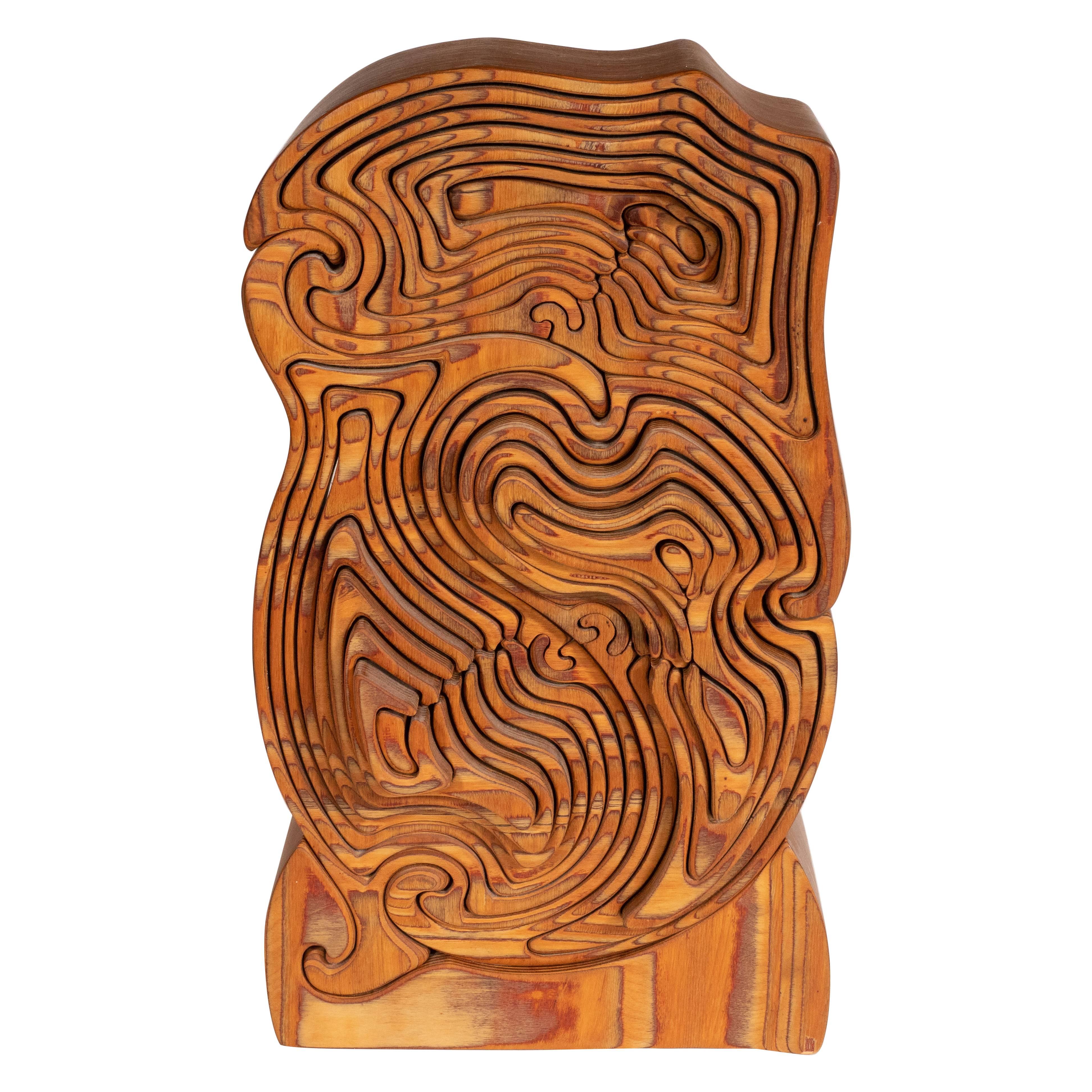 Mid-Century Modern Abstract Dynamic Olive Wood Puzzle Sculpture