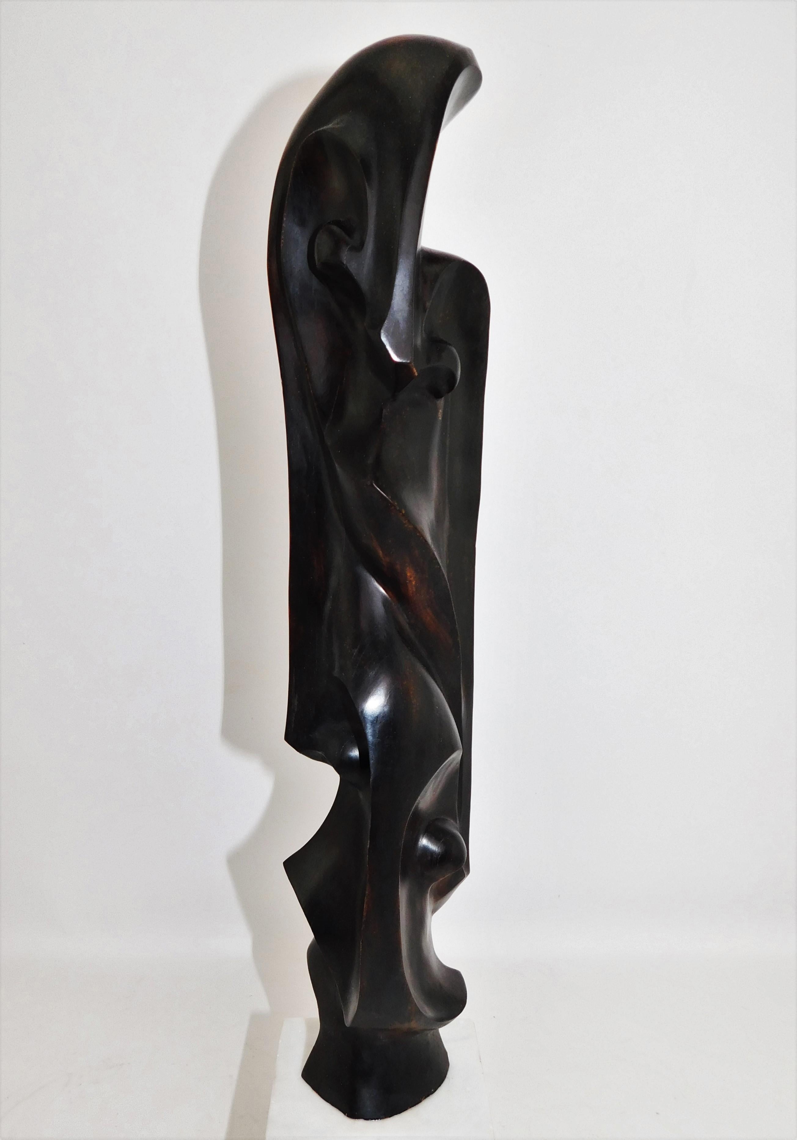 Mid-Century Modern Abstract Ebony Wood Faces Sculpture with Marble Base For Sale 5