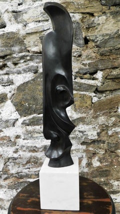 Mid-Century Modern Abstract Ebony Wood Faces Sculpture with Marble Base