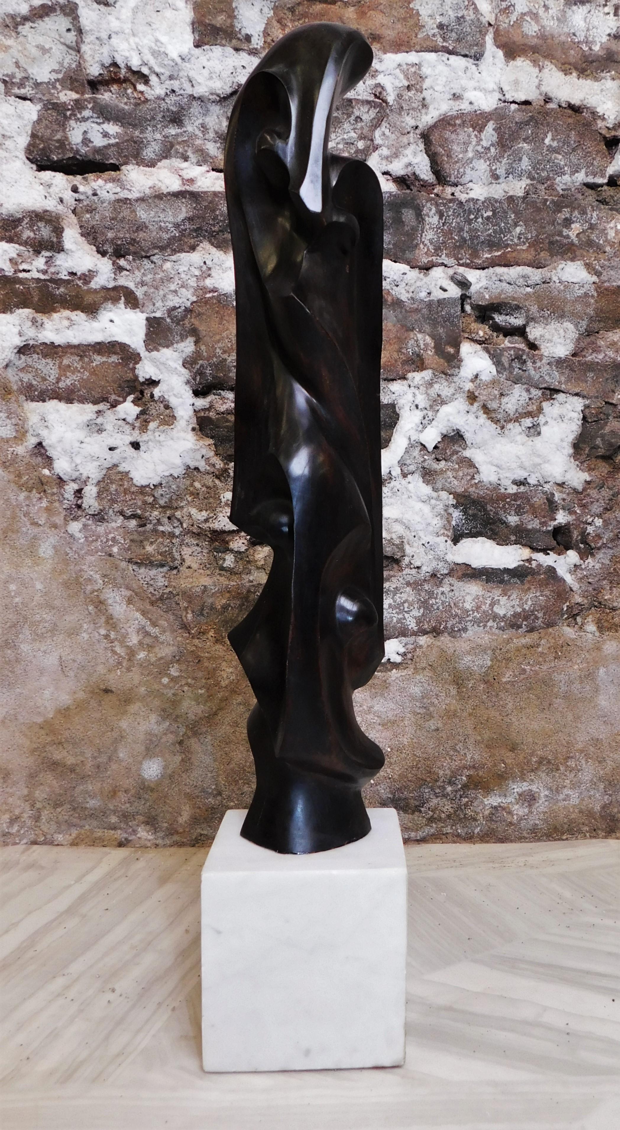 20th Century Mid-Century Modern Abstract Ebony Wood Faces Sculpture with Marble Base For Sale