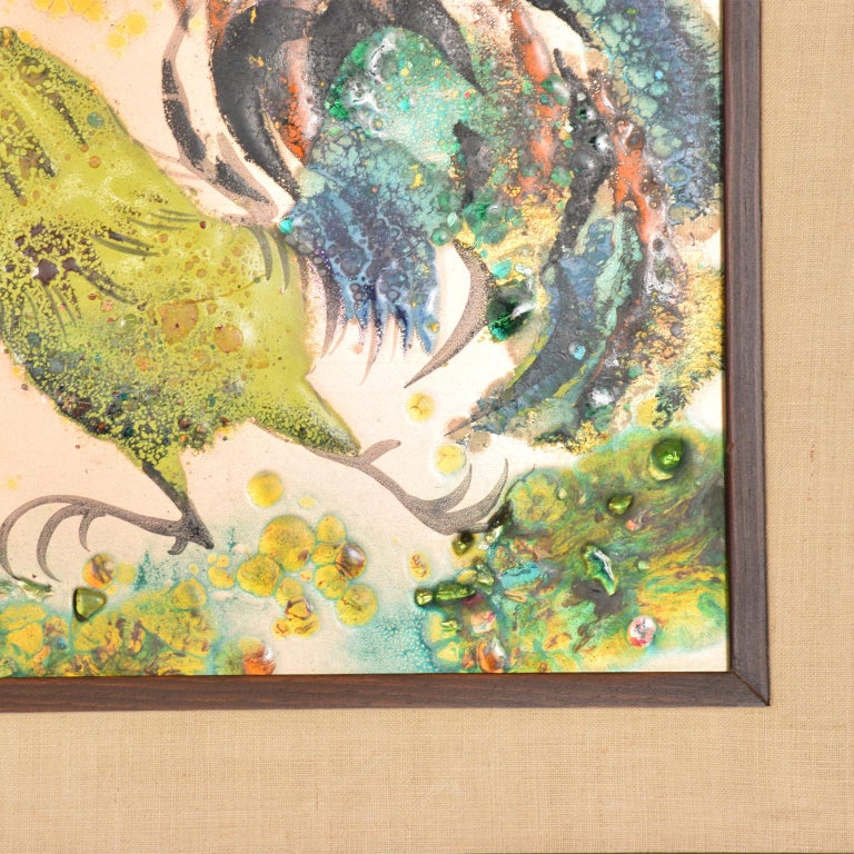 MidCentury Modern Abstract Enamel on Copper Cock Fight Wall Art For