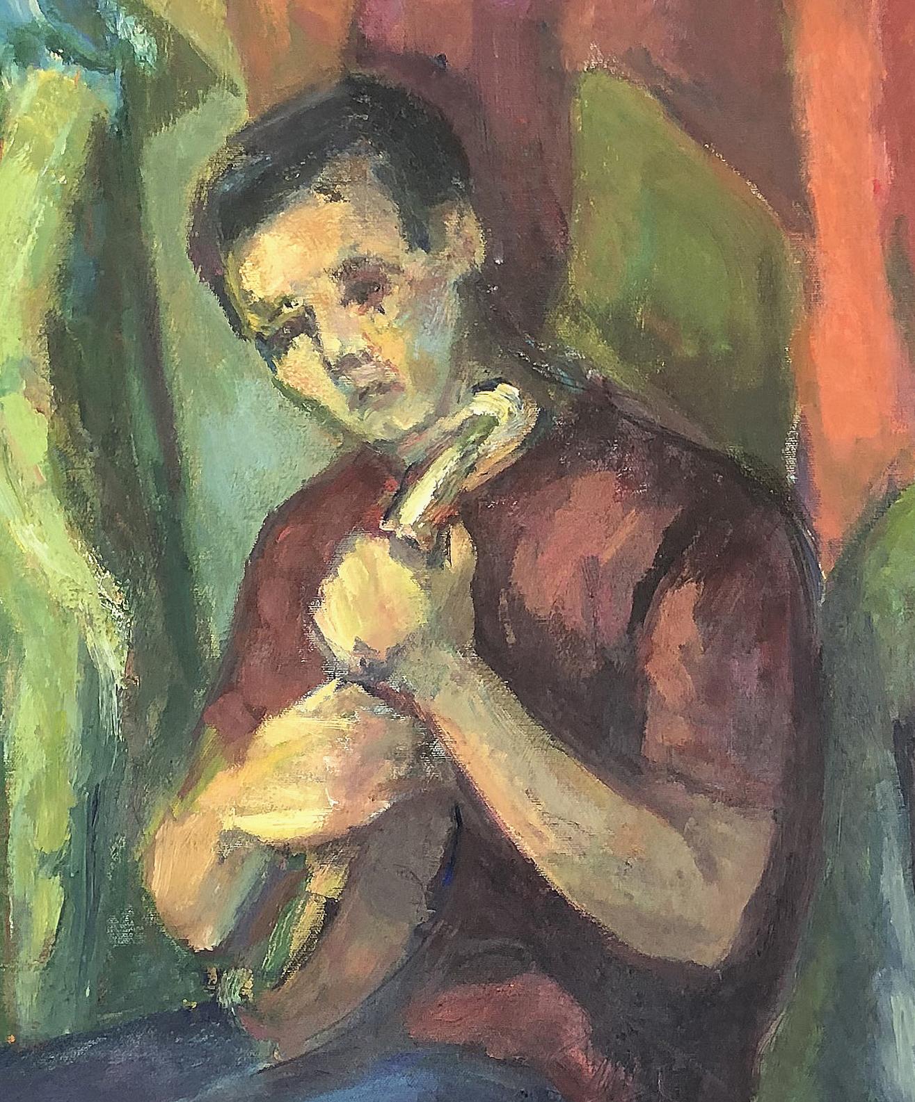 Mid-Century Modern abstract oil painting of a boy and mandolin

Offered for sale is a large Mid-Century Modern abstract cubist oil painting of a boy with mandolin. The work is oil on linen canvas and retains the original wood frame with a giltwood