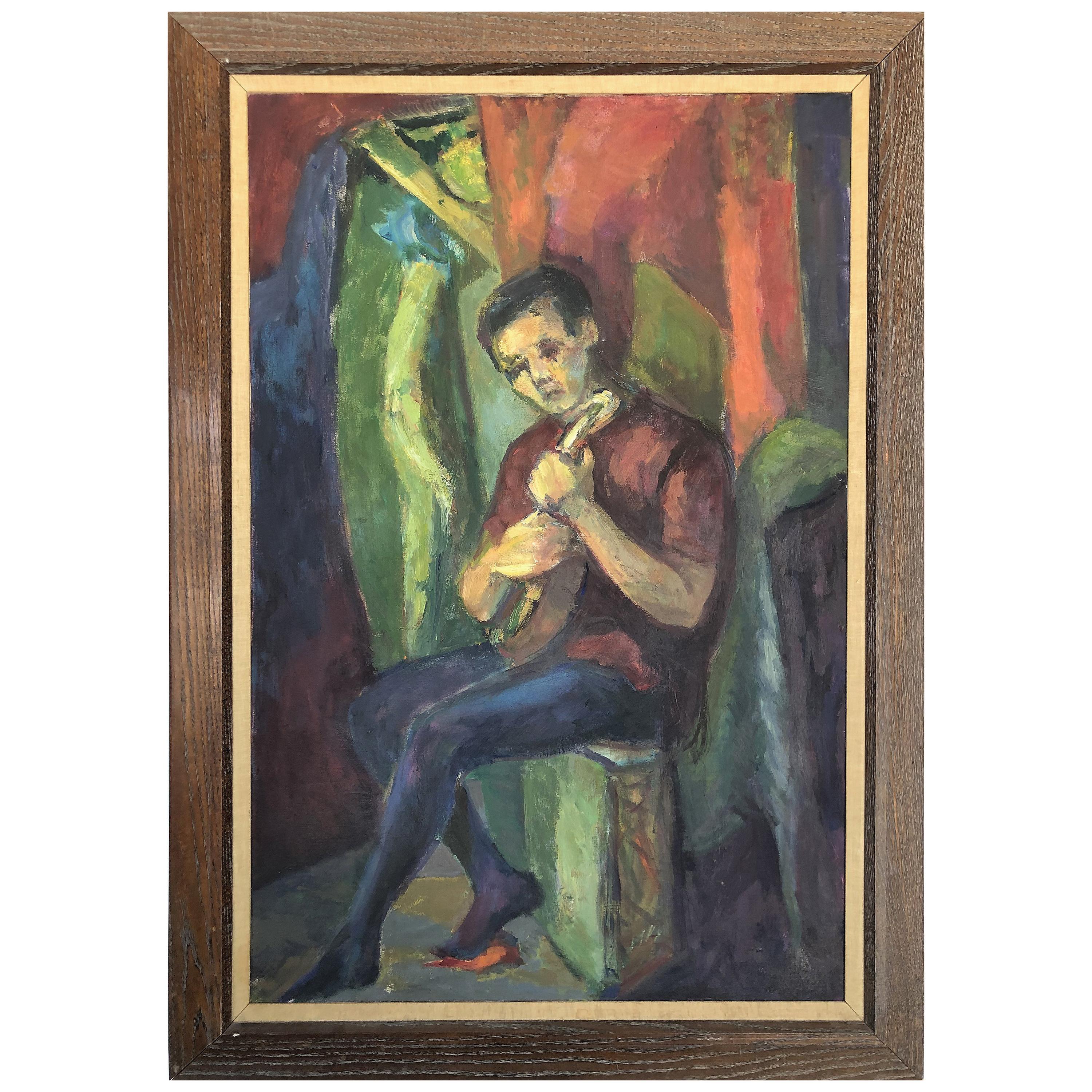 Mid-Century Modern Abstract Figurative Oil Painting of a Boy and Mandolin