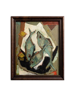 Mid Century Modern Abstract Fish Oil Painting Cubist, 1955