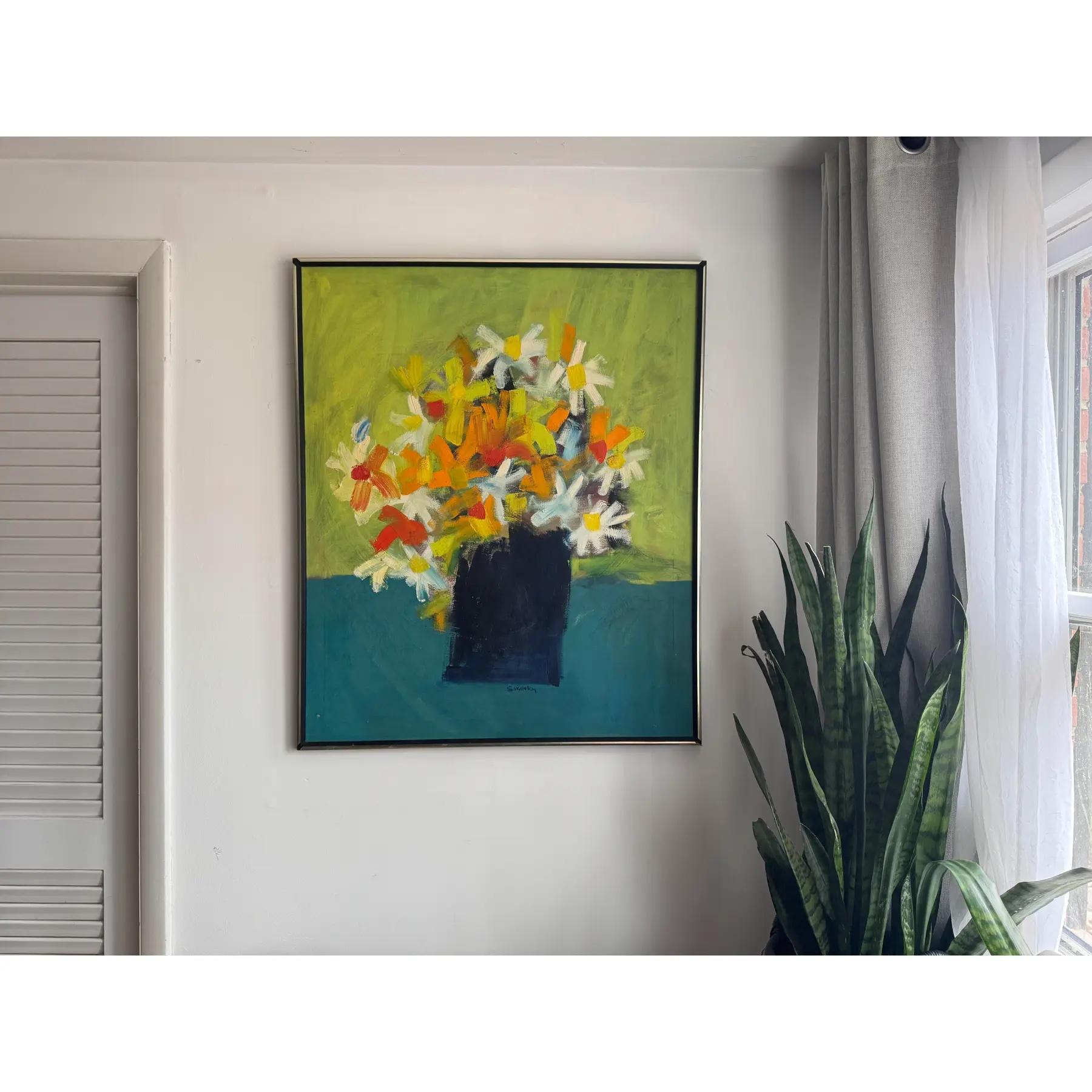 Vibrant and expressive, this mid-century modern (or contemporary-style) abstract floral painting features a bouquet of white, orange, and yellow flowers in a dark vase, set against a bold chartreuse green and teal blue background. The artwork is