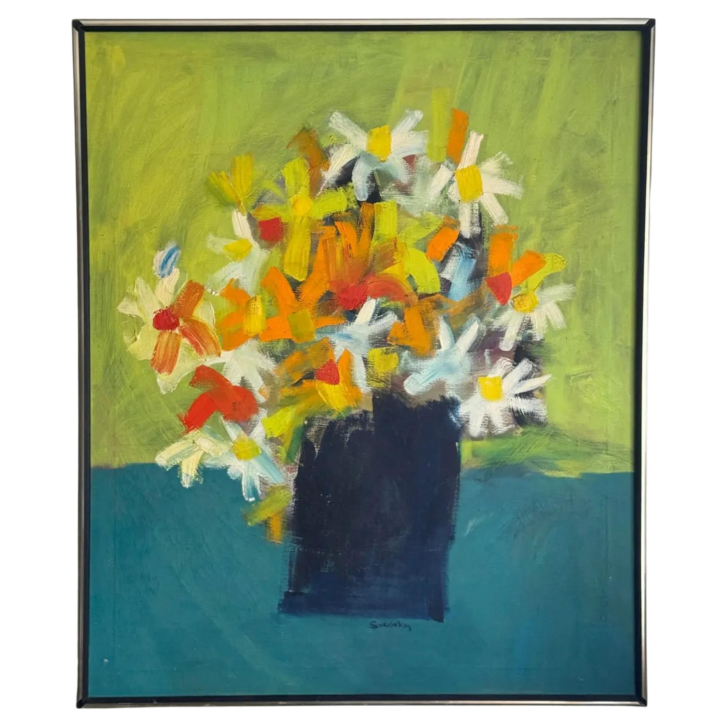 Mid-Century Modern Abstract Floral Painting Signed