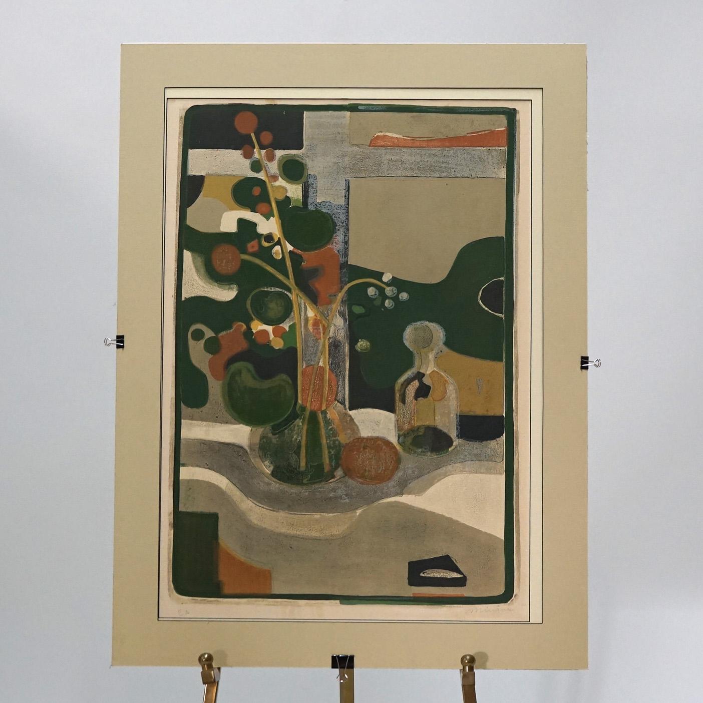 Mid Century Modern Abstraktes Blumenstillleben Kolorierte Lithographie, signiert, 20. im Zustand „Gut“ in Big Flats, NY