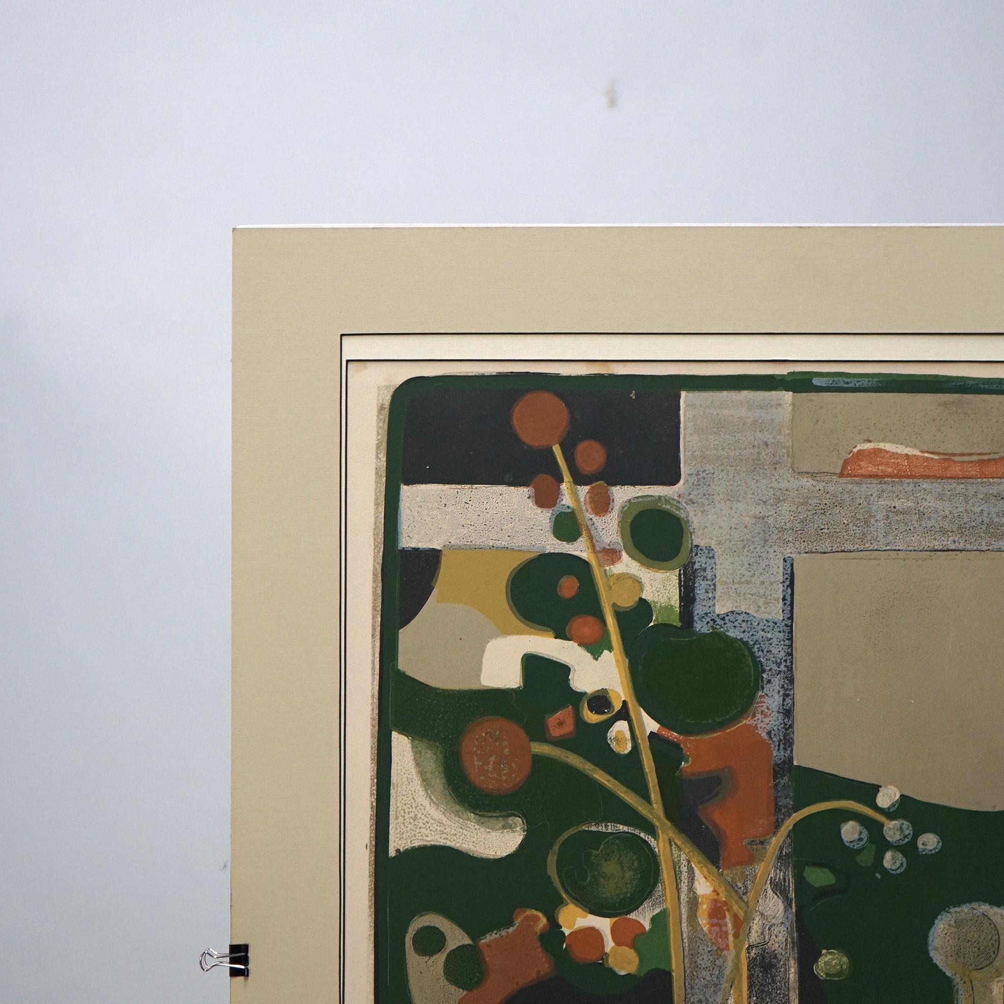Mid Century Modern Abstraktes Blumenstillleben Kolorierte Lithographie, signiert, 20. (20. Jahrhundert)