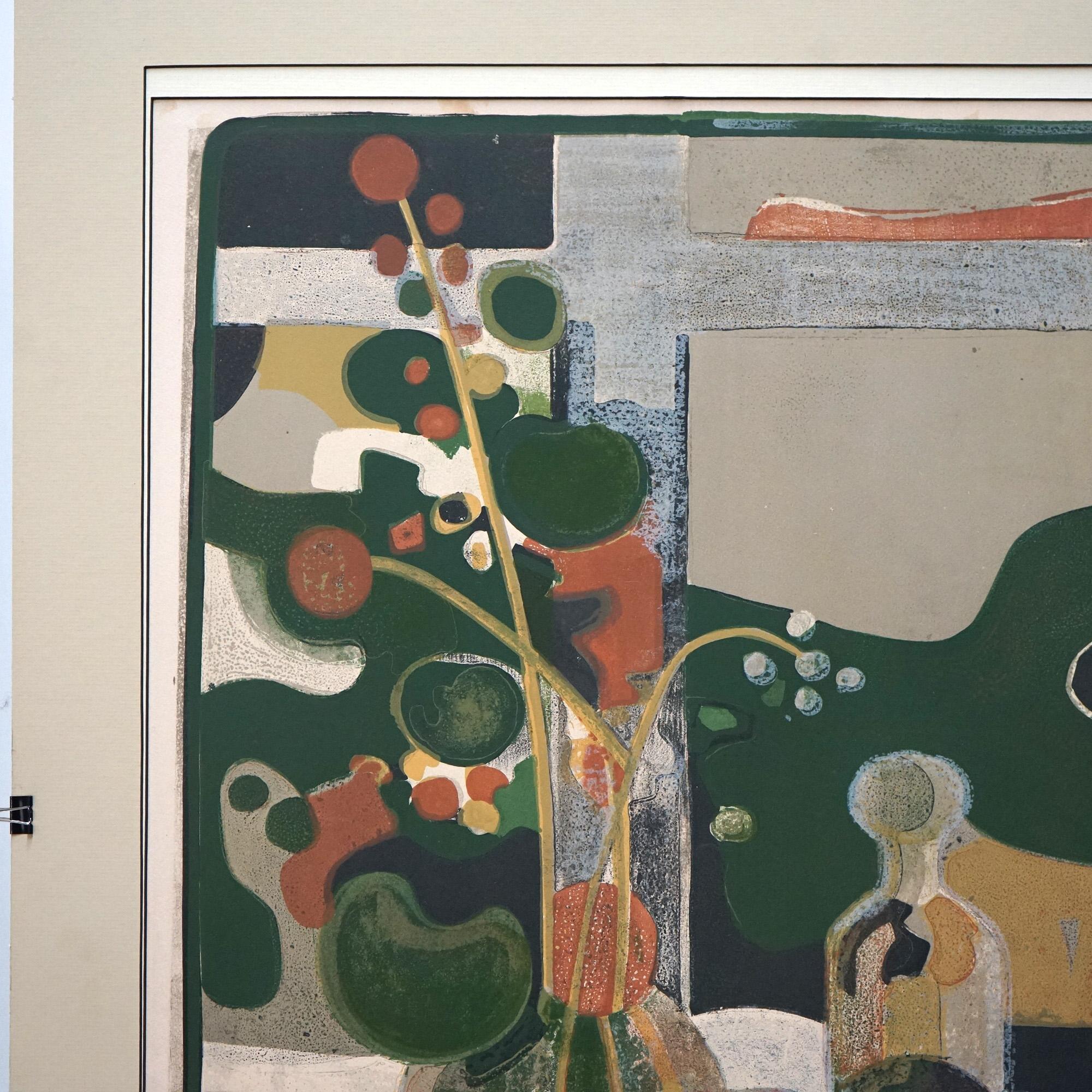 Paper Mid Century Modern Abstract Floral Still Life Colored Lithograph, Signed, 20th C For Sale