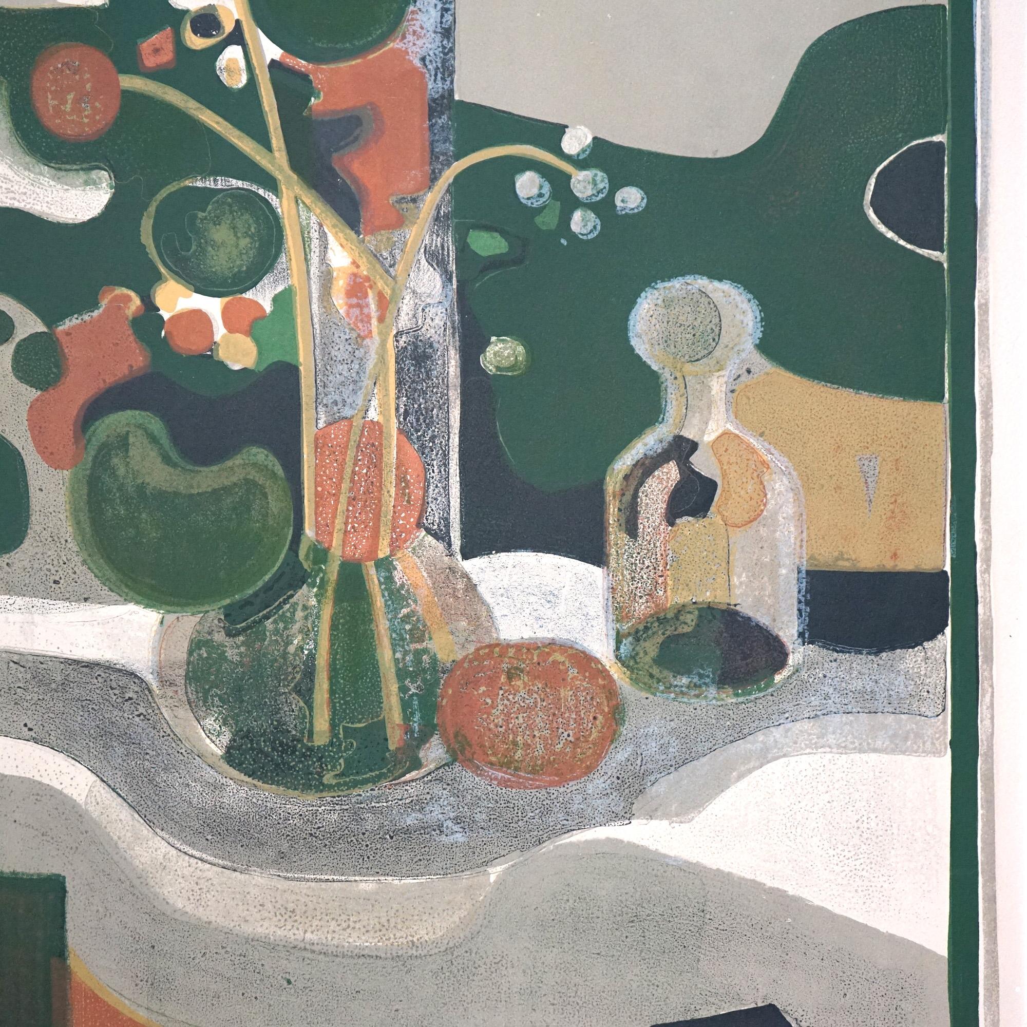 Mid Century Modern Abstract Floral Still Life Colored Lithograph, Signed, 20th C For Sale 1