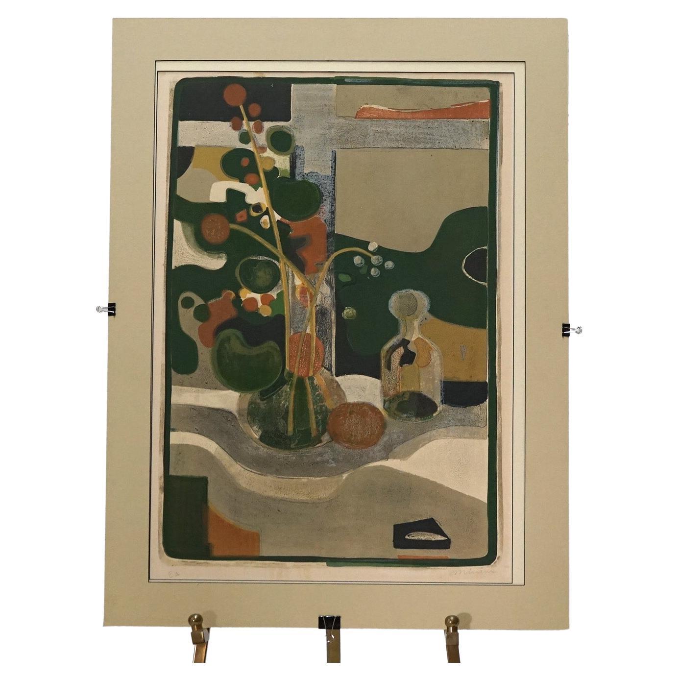 Mid Century Modern Abstract Floral Still Life Colored Lithograph, Signed, 20th C For Sale