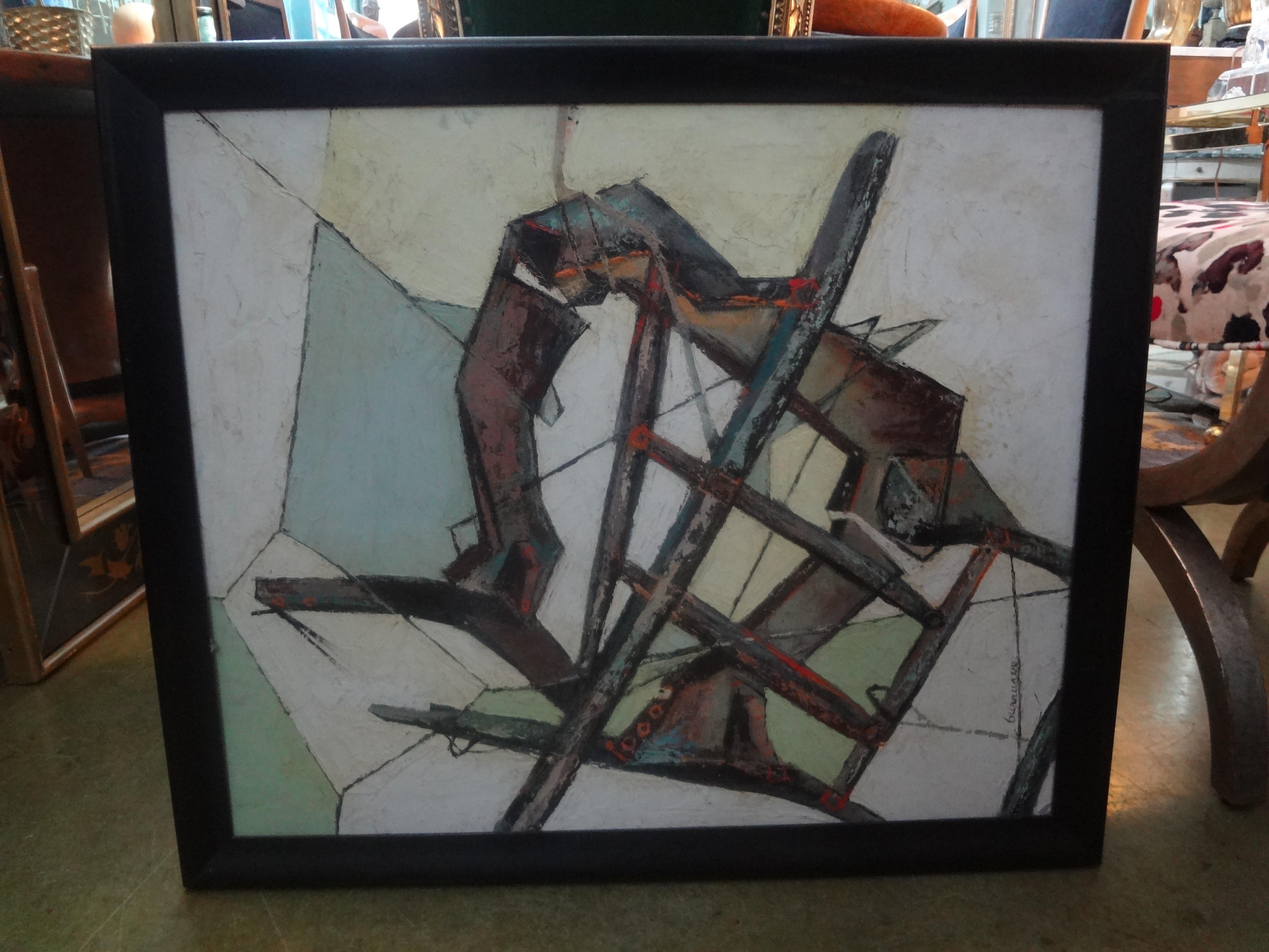 Mid-Century Modern abstract framed oil on board.
Stunning Mid-Century Modern abstract framed oil on board signed by artist. Signature is under research.
Frame has a few age related scuffs. Easy to repaint or replace if desired.