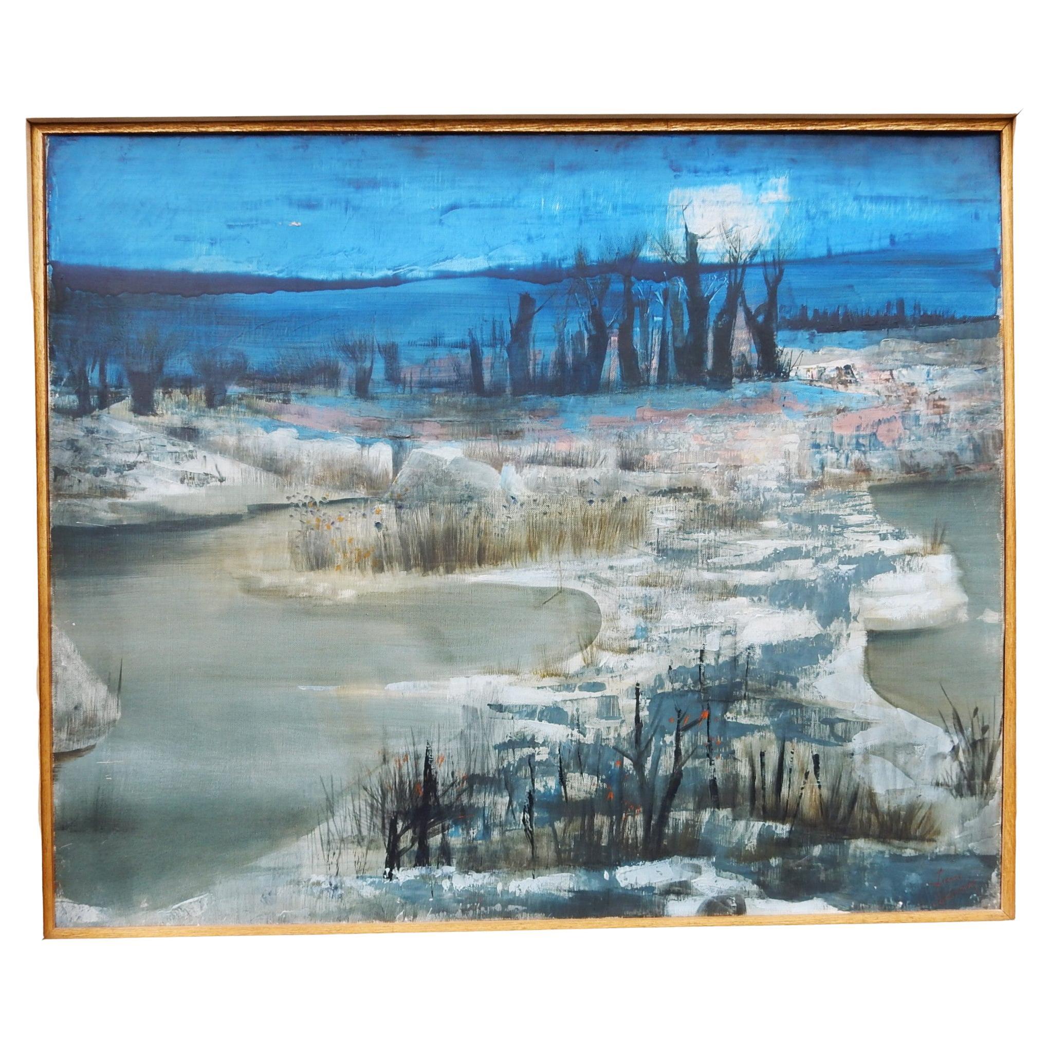 1960's abstract French winter landscape painting signed Pierre _______?
Oil on canvas in the original frame with notations/title on verso.
Framed  size is 35