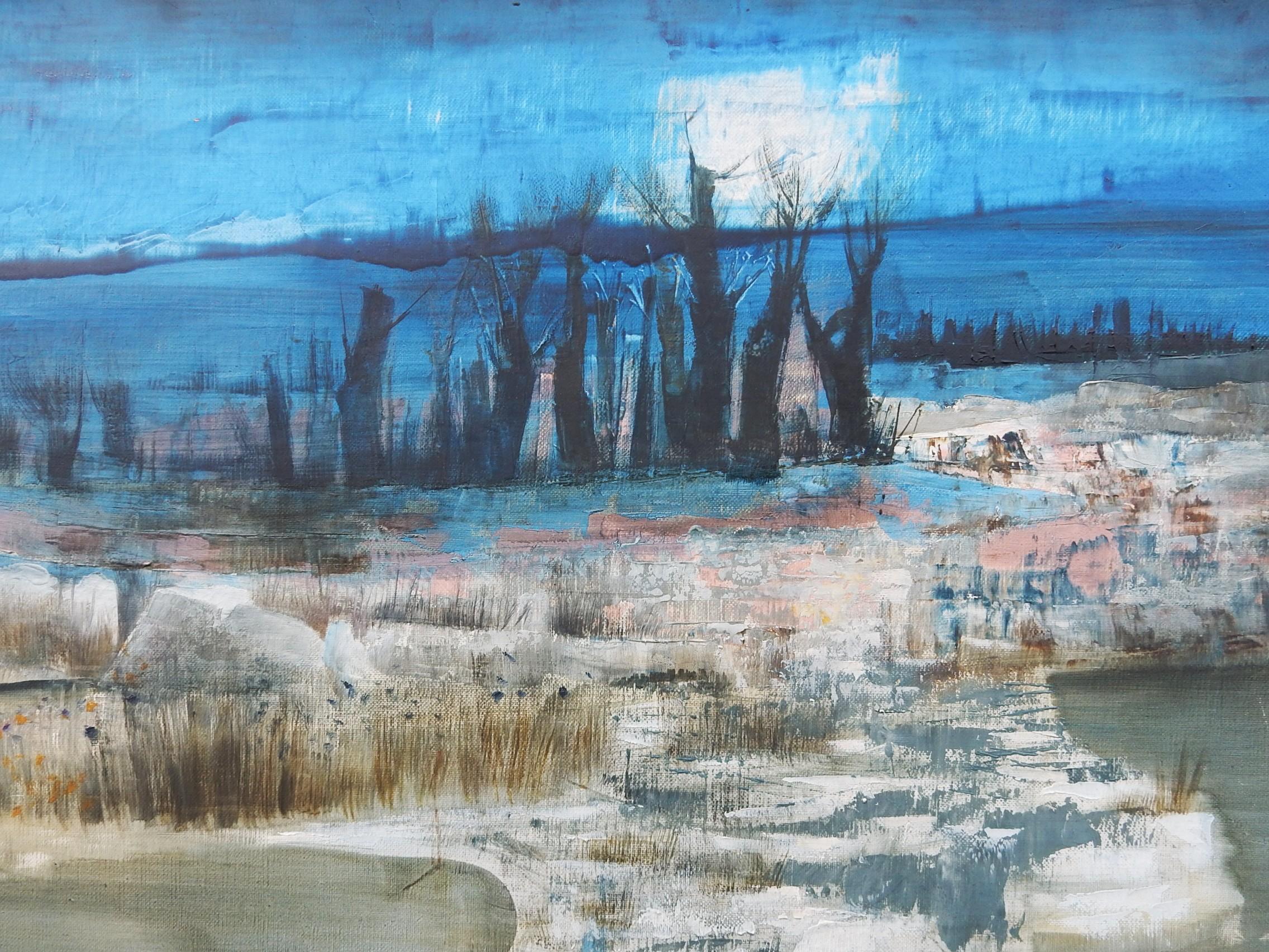 Hand-Painted Mid-Century Modern Abstract French Winter Landscape Painting by Pierre For Sale