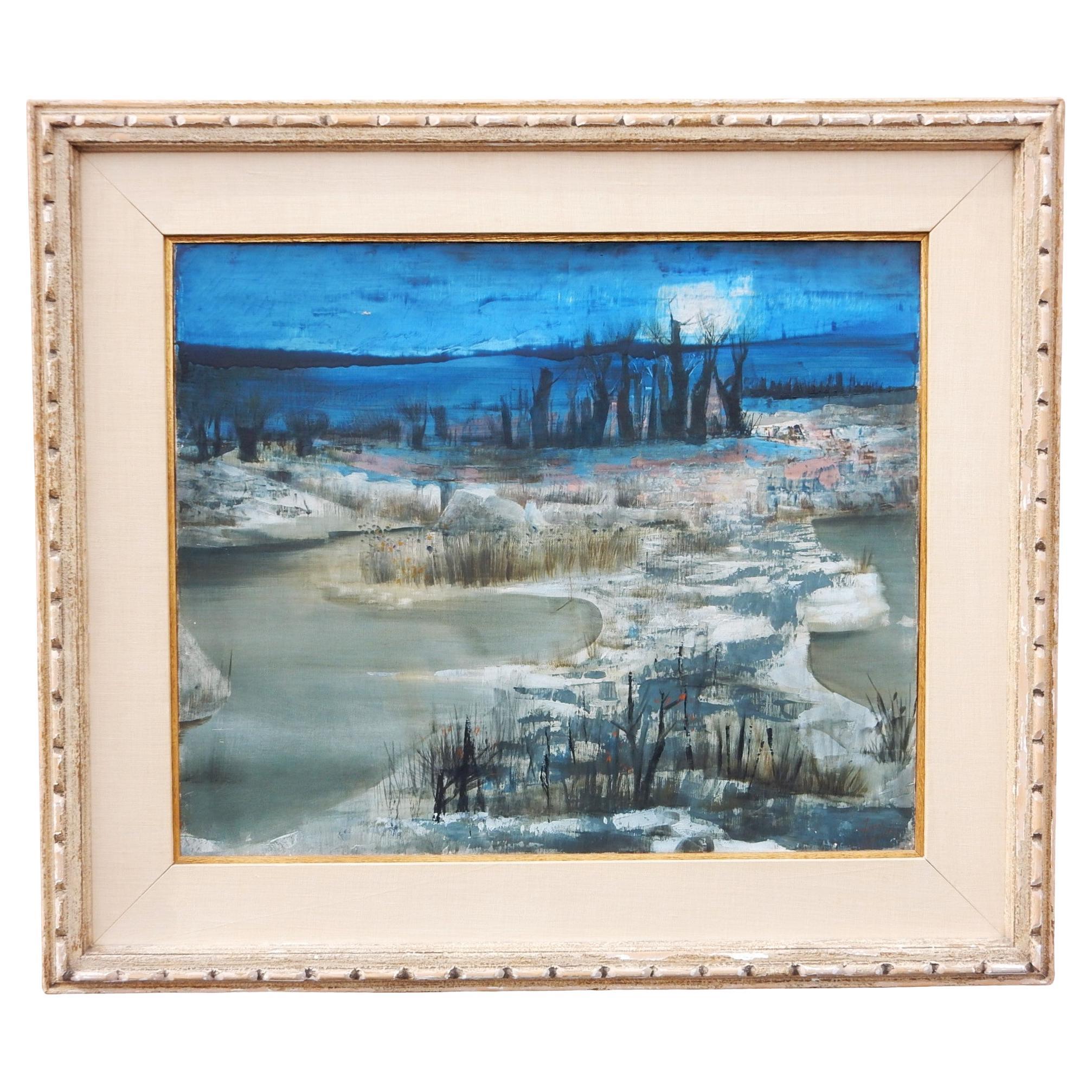 Mid-Century Modern Abstract French Winter Landscape Painting by Pierre For Sale 3