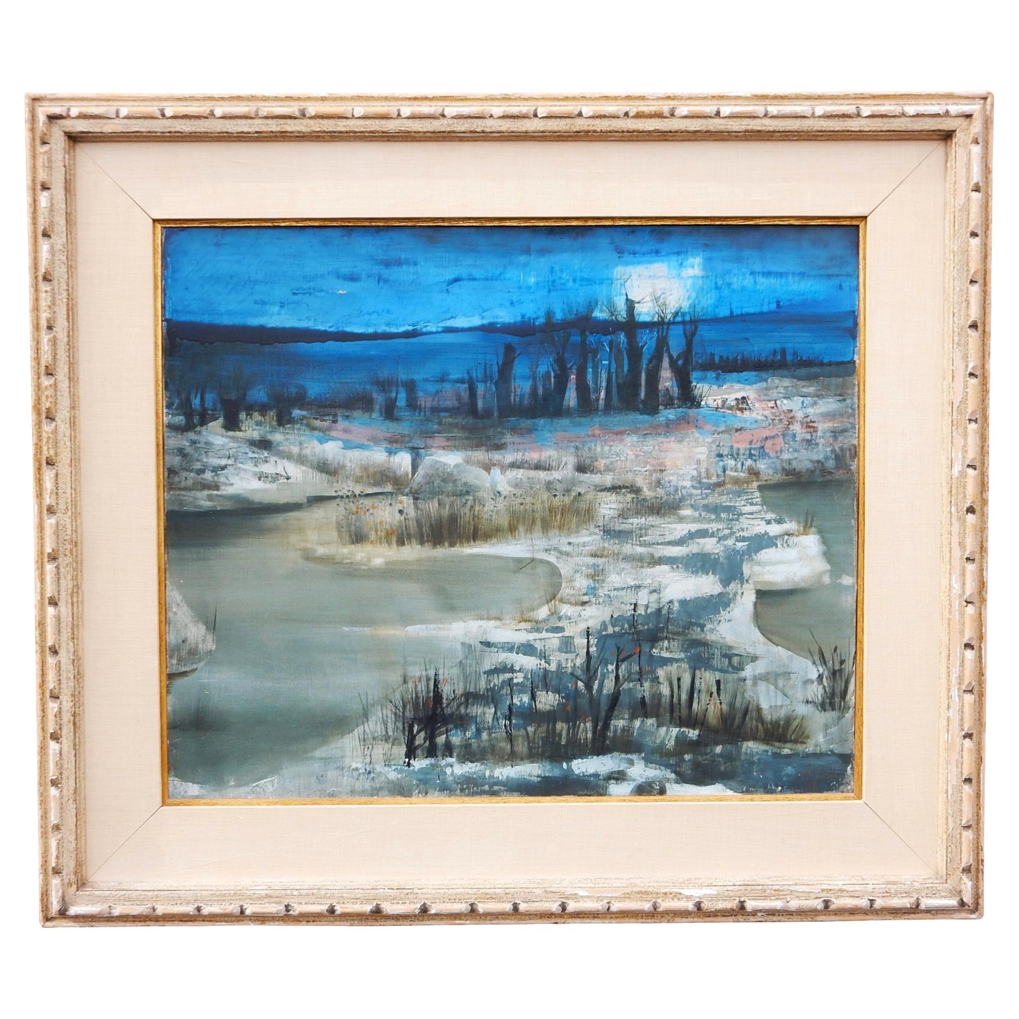 Mid-Century Modern Abstract French Winter Landscape Painting by Pierre