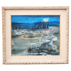 Paisaje invernal abstracto francés moderno de mediados de siglo pintado por Pierre